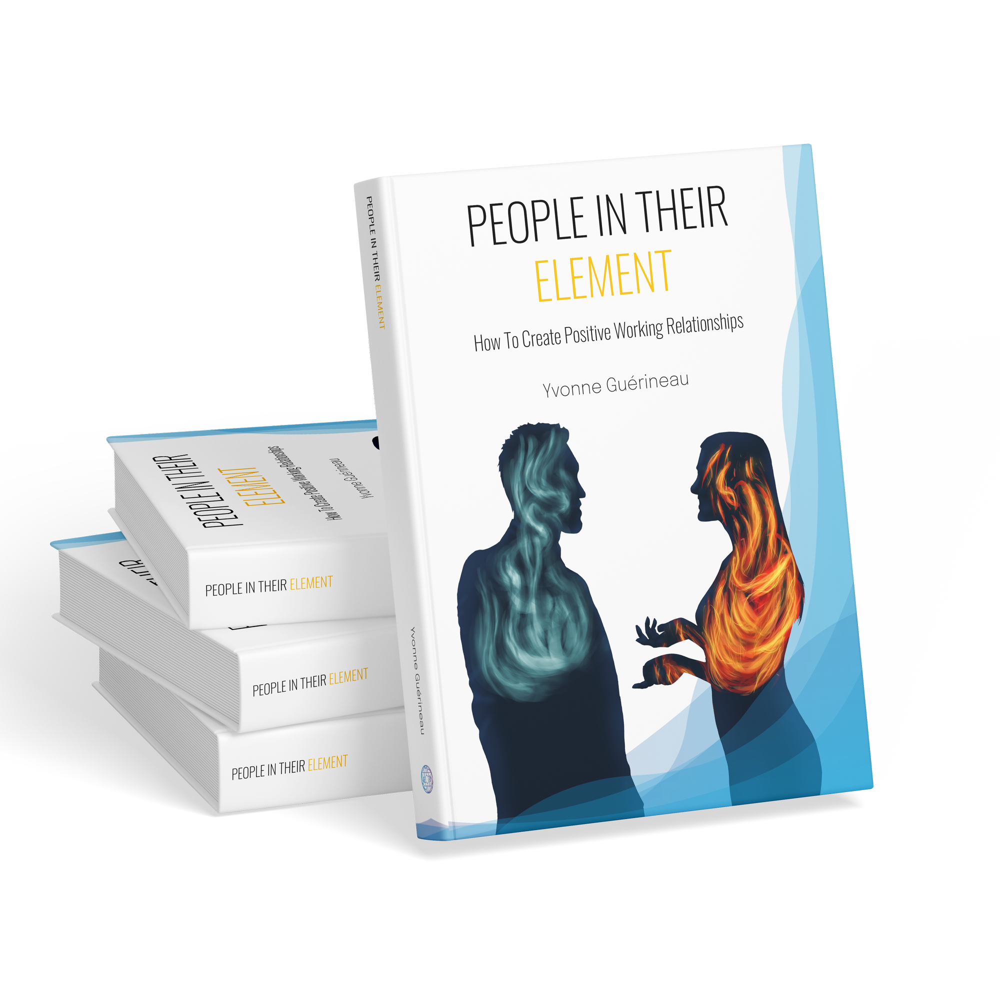 Three books titled "People in Their Element" by Yvonne Guérineau with illustrations of human profiles filled with different elemental flames or energies.