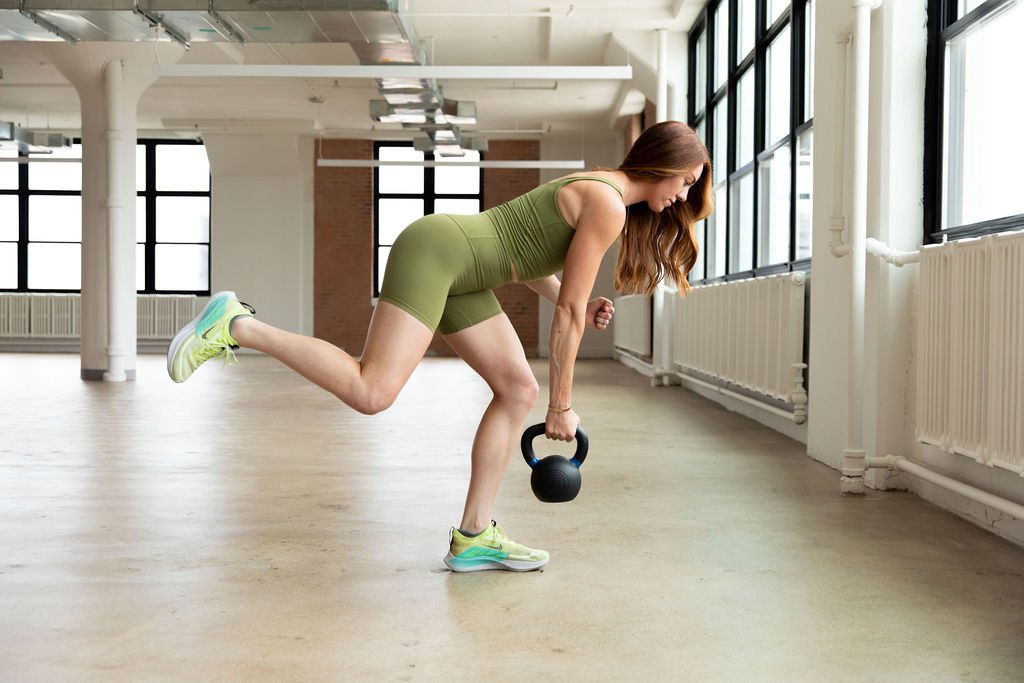 Mobile app interface showing monthly training and running plans with images of a person running and walking outdoors.