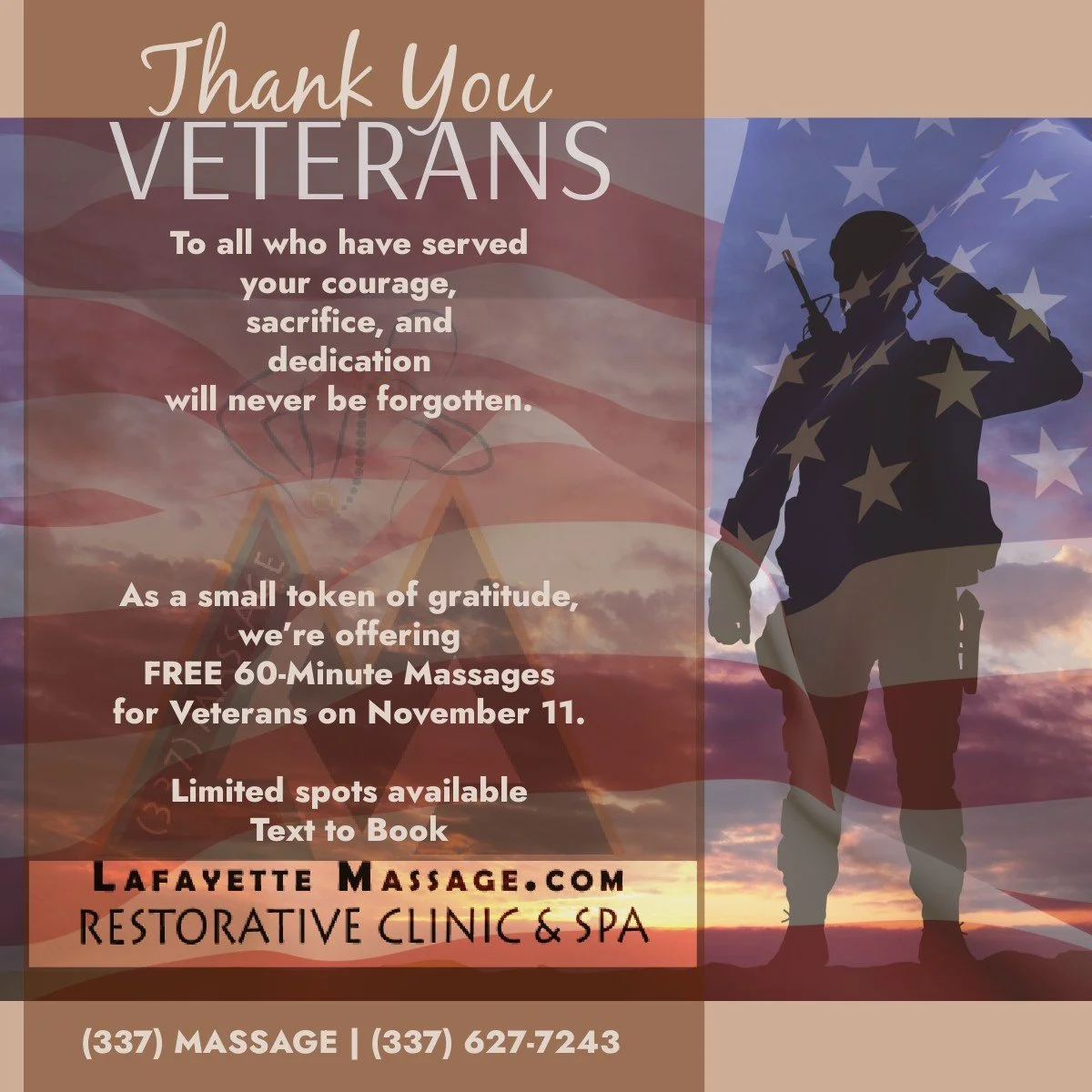 🇺🇸 Honoring our heroes. 🇺🇸 

On Nov 11 (Veterans Day), we&rsquo;re offering FREE 60-minute massages for veterans.

Limited spaces. Text 337 MASSAGE to book.

#LafayetteMassage #VeteransDay #ThankYouVeterans
