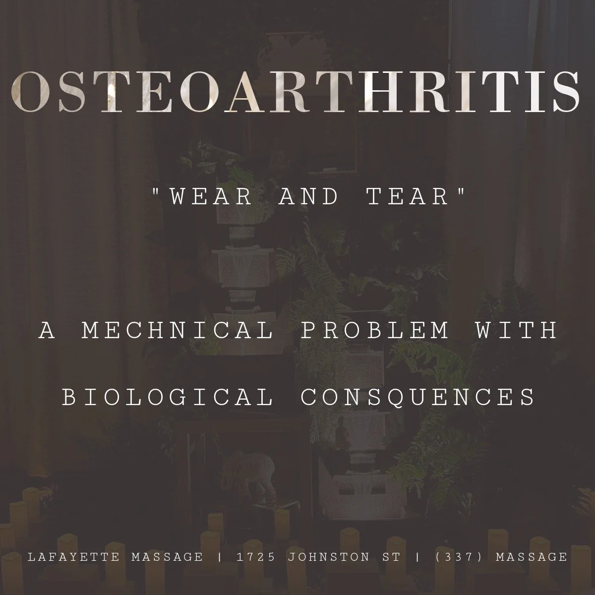 🦴 Osteoarthritis isn&rsquo;t just &ldquo;wear and tear.&rdquo; It&rsquo;s a disease of mechanics.

Change the mechanics ➡️ change the outcome.

✨ Your body isn&rsquo;t broken it&rsquo;s just asking for balance. ✨

#LafayetteMassage #FunctionalHealin