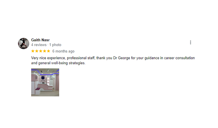 Customer review with a photo of a modern medical or consultation room with white and purple decor, chairs, and medical symbols.