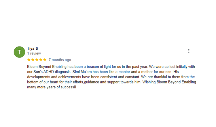 Online review from Tiya S praising Bloom Beyond Enabling for support and guidance in managing her son's ADHD over the past year.