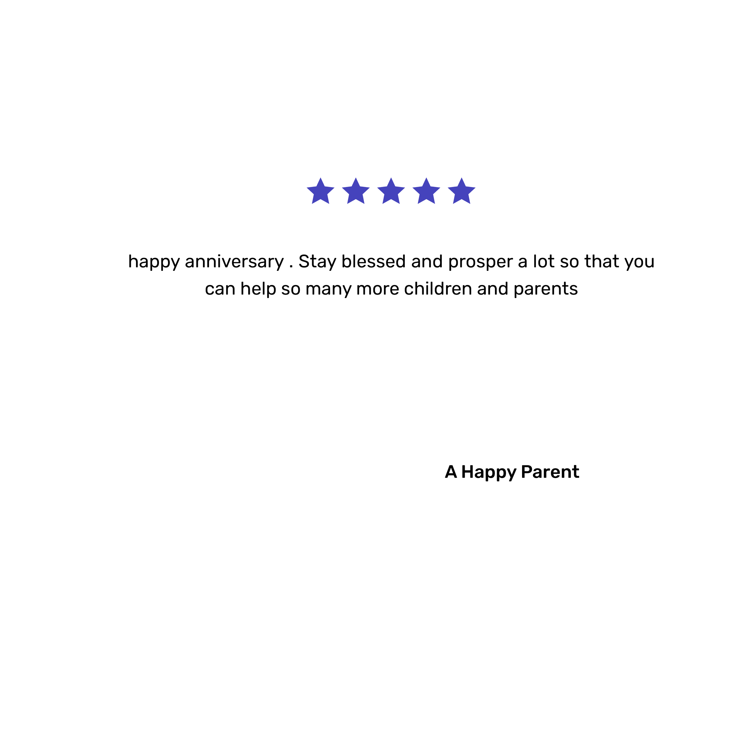 A birthday card with five blue stars at the top, a message wishing a happy anniversary, and a note to stay blessed and prosperous. The card expresses hope to help more children and parents. The message is signed by "A Happy Parent."
