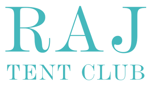 RAJ Tent Club logo in turquoise letters