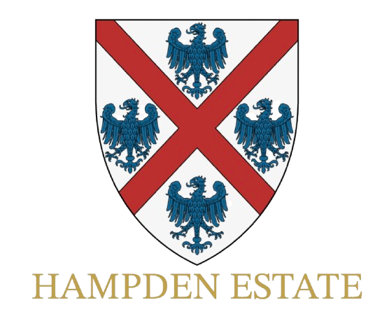 Coat of arms with red cross and blue eagles, text 'Hampden Estate' below.