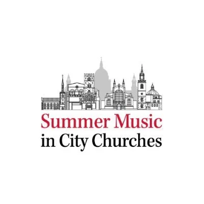 "Summer Music in City Churches" logo with cityscape silhouette.