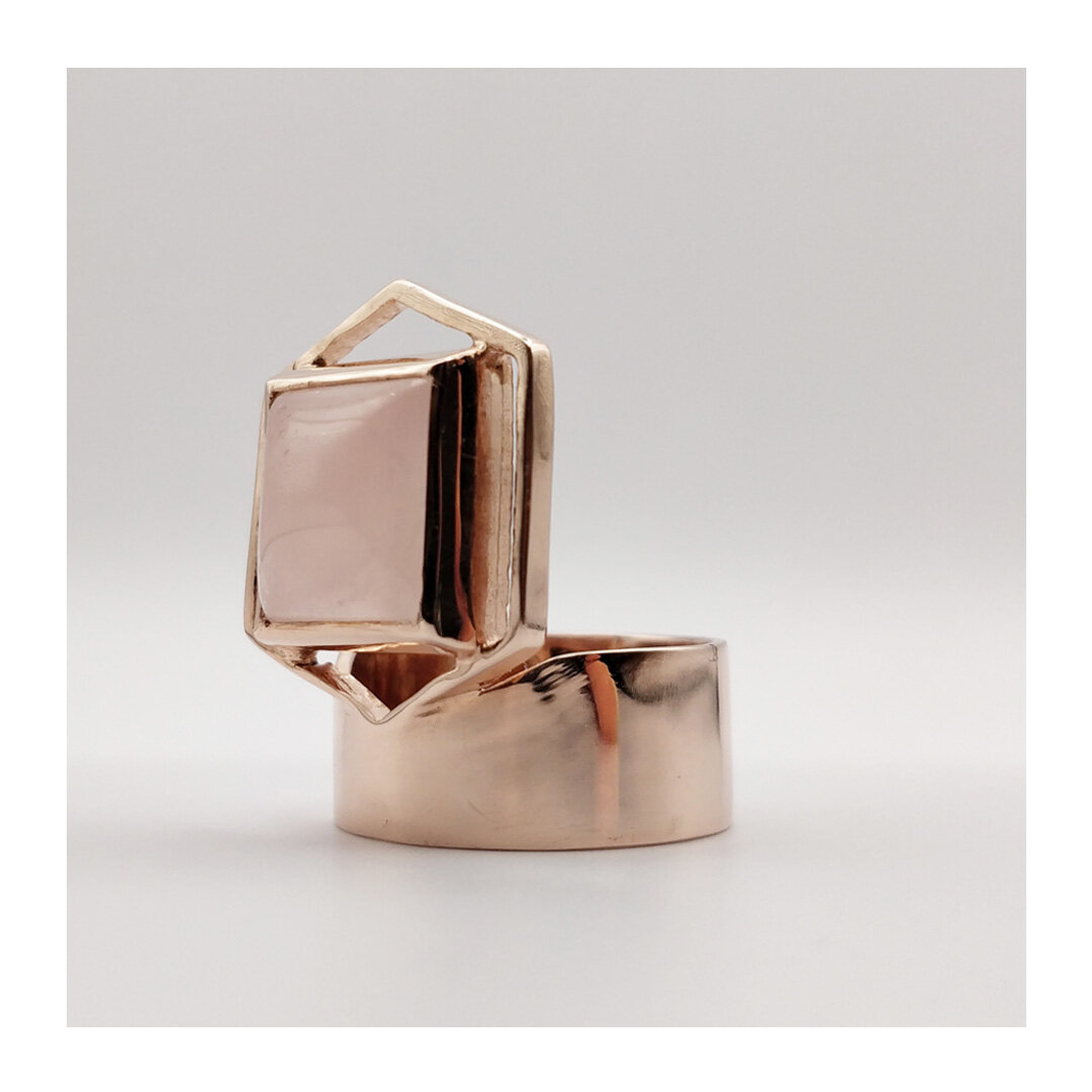 Another variation of this gemstone series, recycled silver ring, plated in 24ct rose gold, set with a rose quartz cabochon. This ring is the perfect way to commemorate or celebrate an important occasion in your life. The soft rosy pink tone adds an e