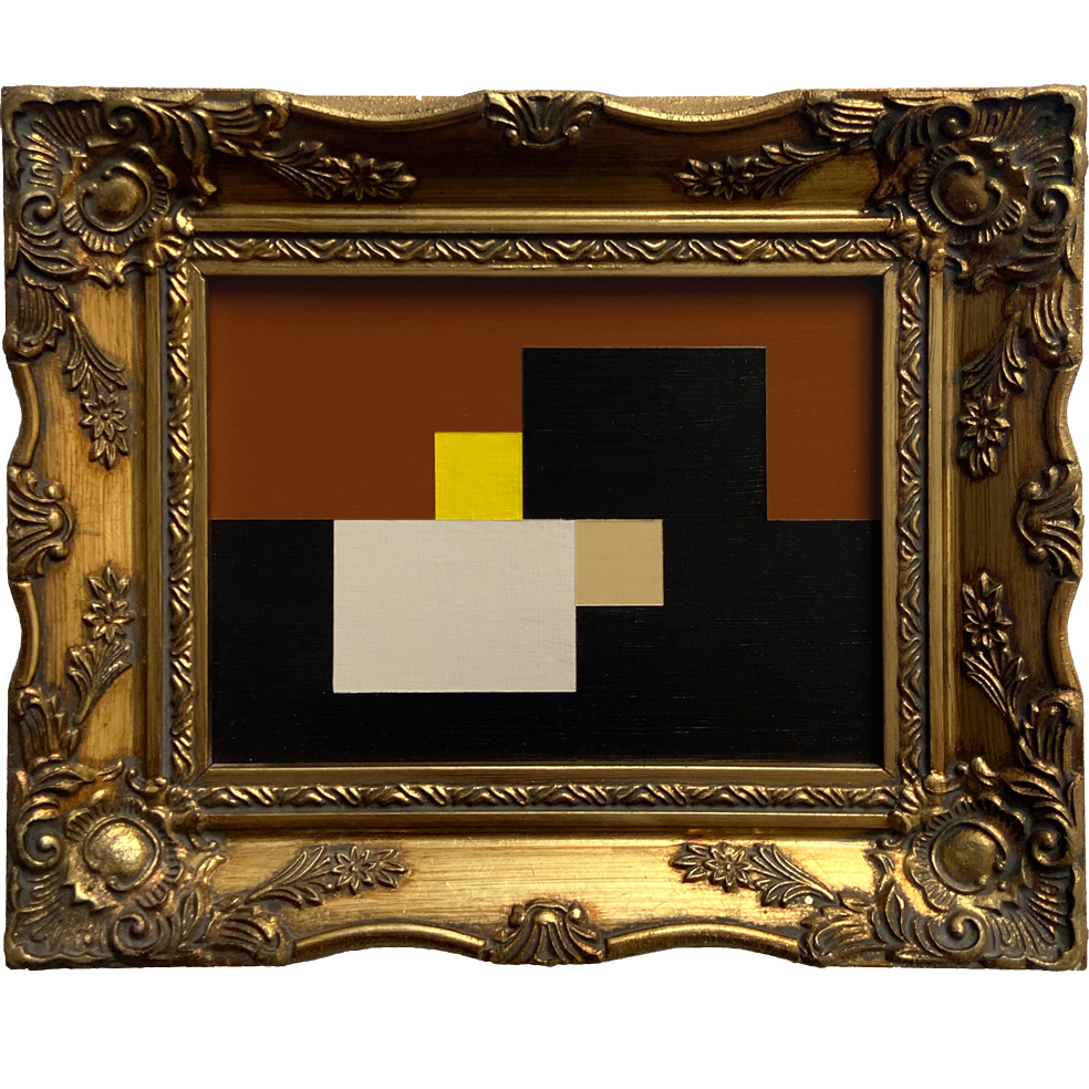 Untitled abstract painting by Eleanor Nadimi in black, brown, cream and yellow, presented within an ornate reclaimed gold frame.
