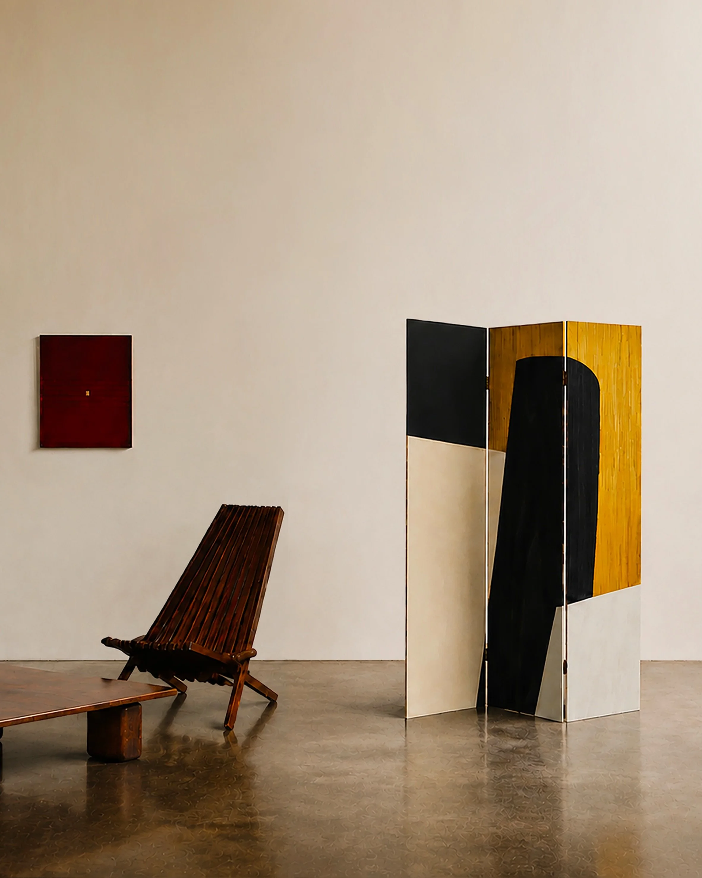 Eltham Screen. A three-panel folding screen.
180 &times; 165 cm Straw marquetry, acrylic, wood stain and emulsion on birch ply.

The Eltham Screen reflects a wider interest in how art and objects shape the feeling of a room. Rather than treating func