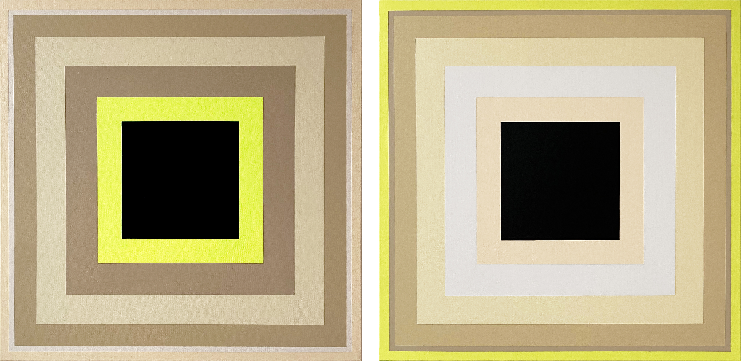 Into the Limelight and Out of the Limelight by Eleanor Nadimi, an abstract square painting with layered frames of cream, taupe, fluorescent yellow and black.