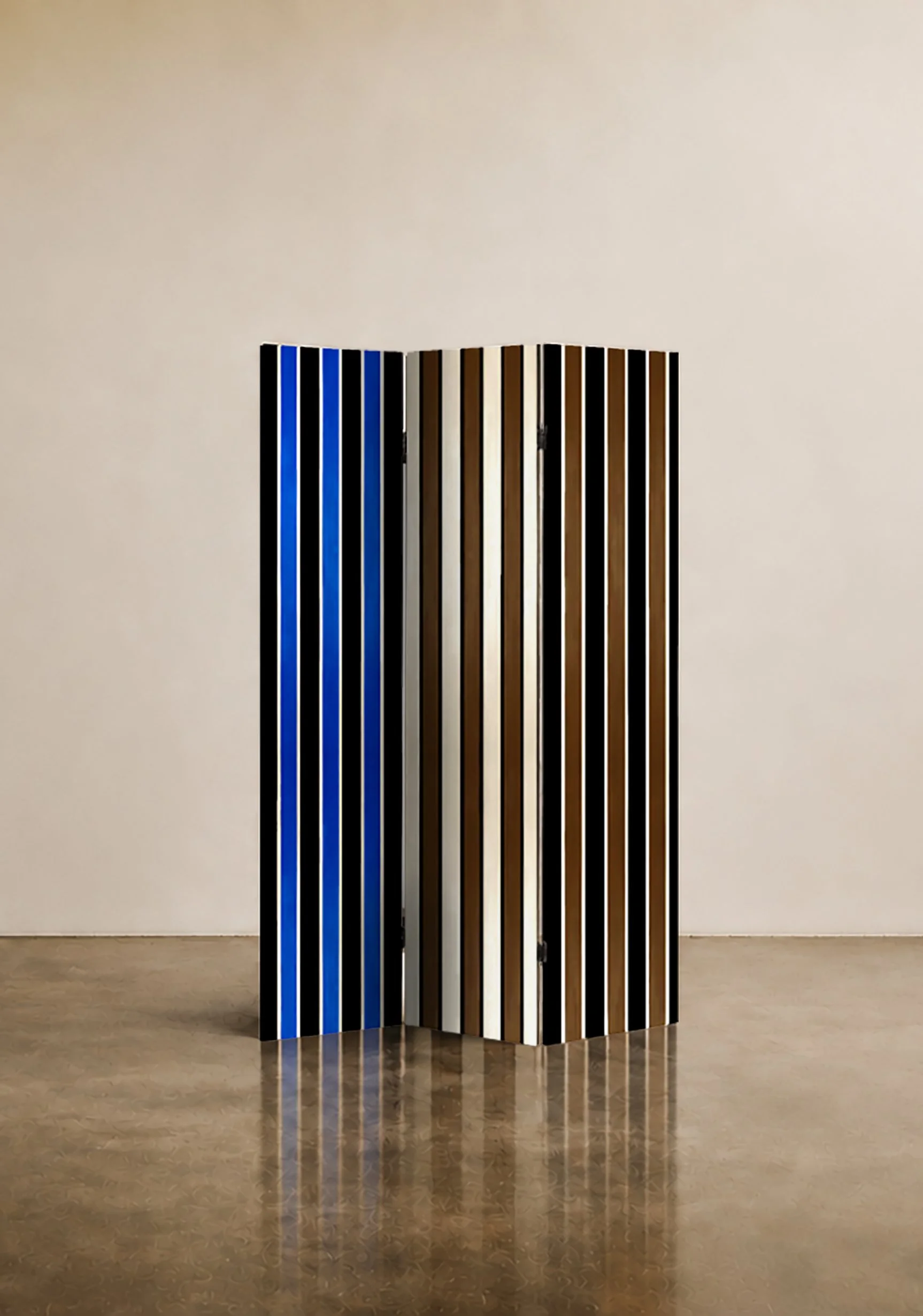 Reverse of Eltham Screen by Eleanor Nadimi, featuring hand-painted vertical stripes in blue, black, white and brown.