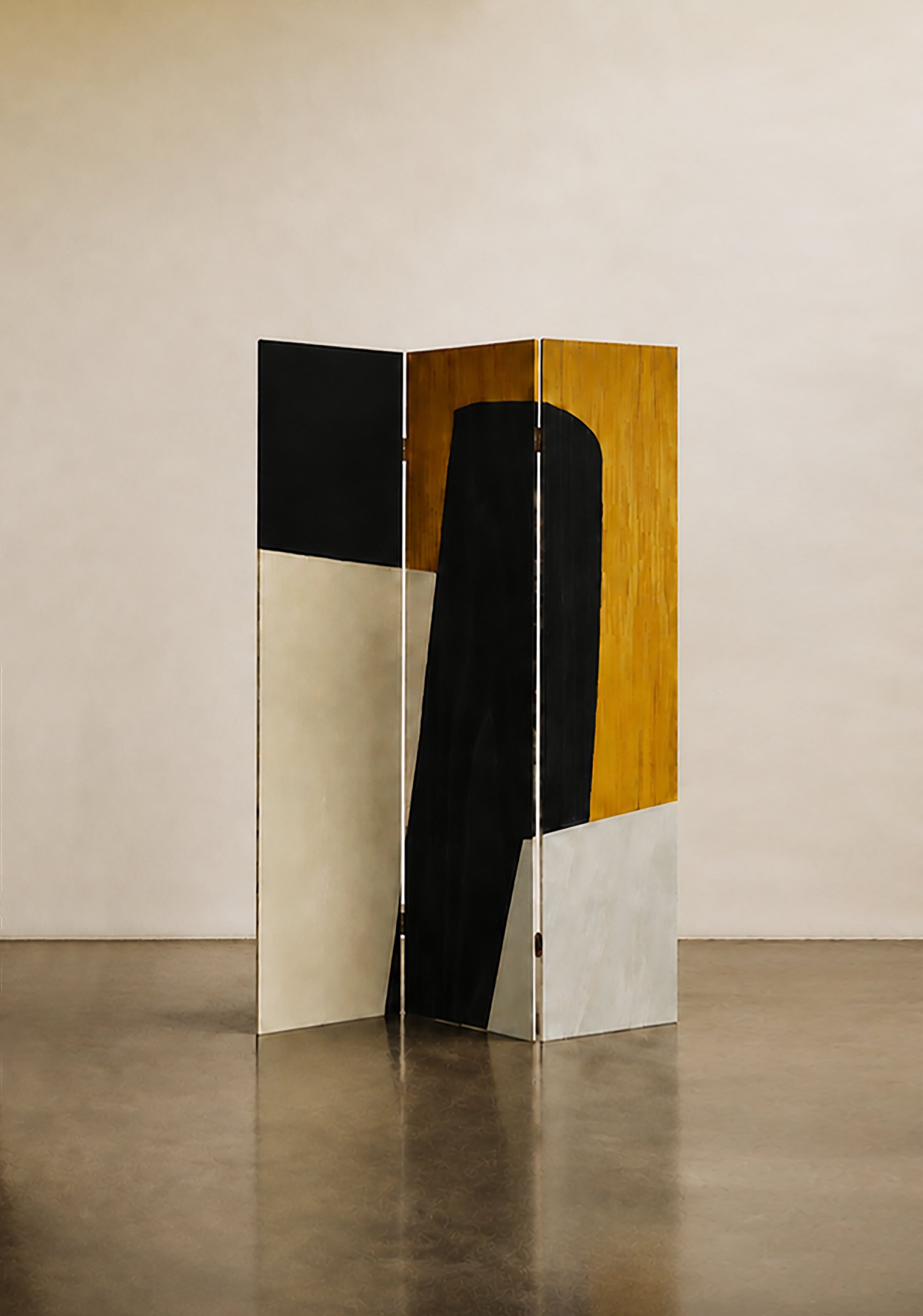 Eltham Screen by Eleanor Nadimi, a three-panel folding screen combining golden rye straw marquetry with black and cream painted forms.