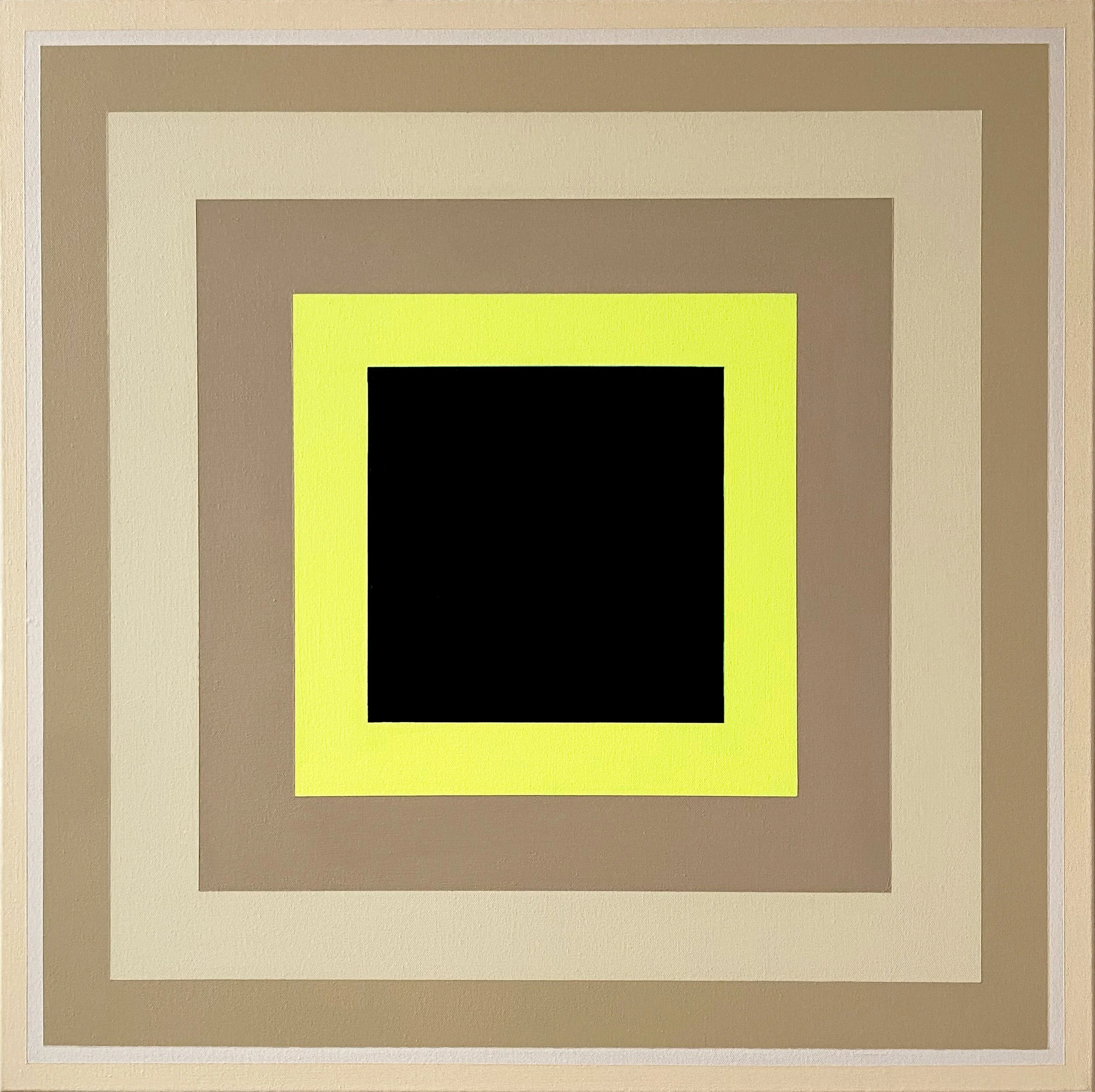 Into the Limelight by Eleanor Nadimi, an abstract square painting with layered frames of cream, taupe, fluorescent yellow and black.