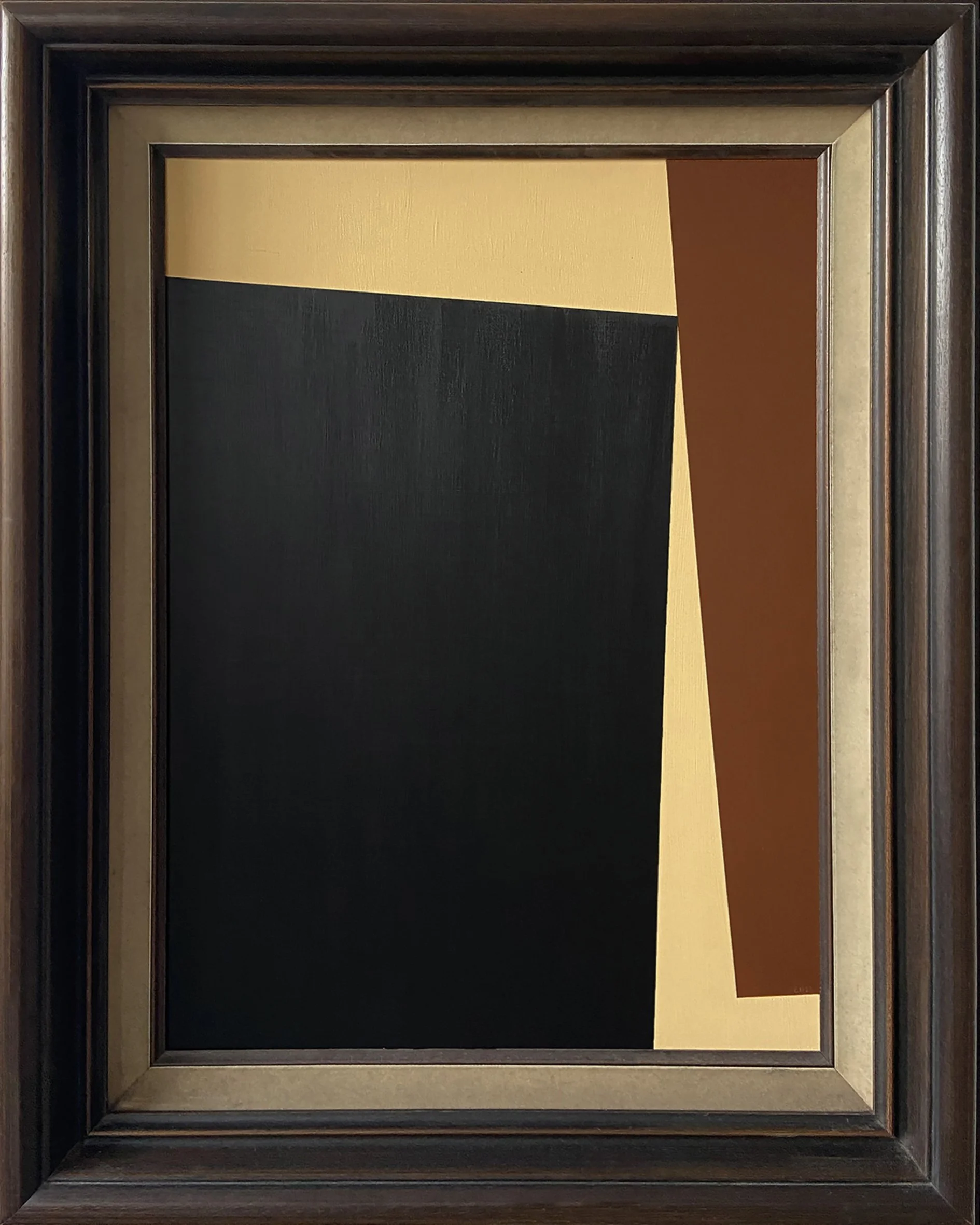 Palm Springs Series No. 25 by Eleanor Nadimi, an abstract painting in black, ochre and brown within a reclaimed wood frame.
