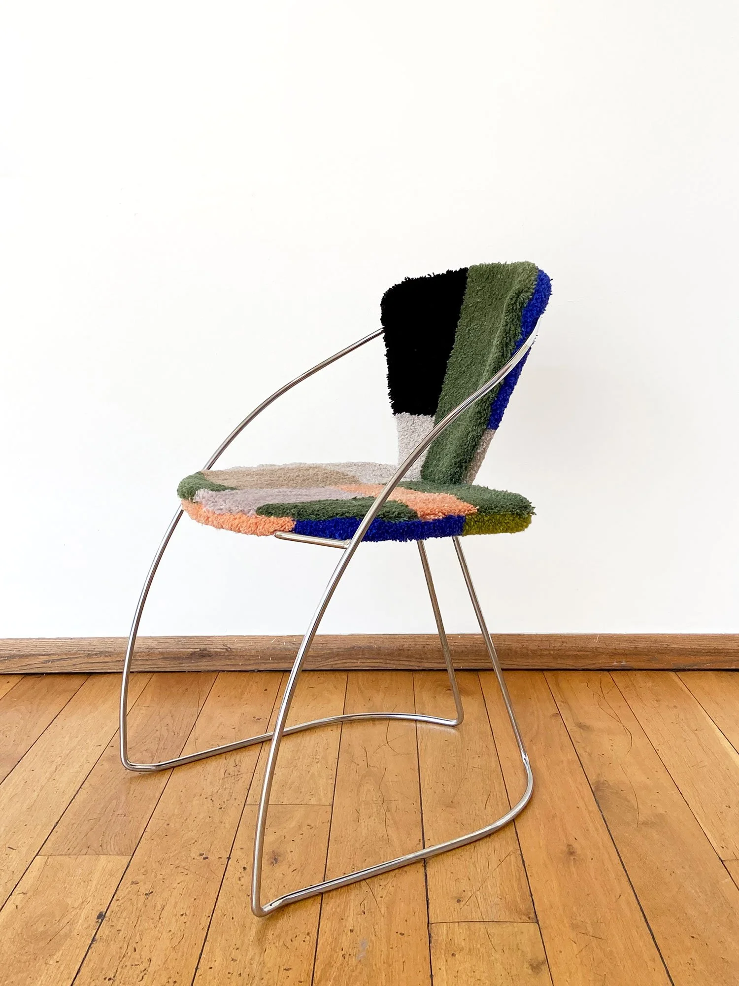 Palm Springs Chair No. 3 by Eleanor Nadimi, with hand-tufted wool in green, blue, black, cream and peach on a vintage chrome mid-century chair.