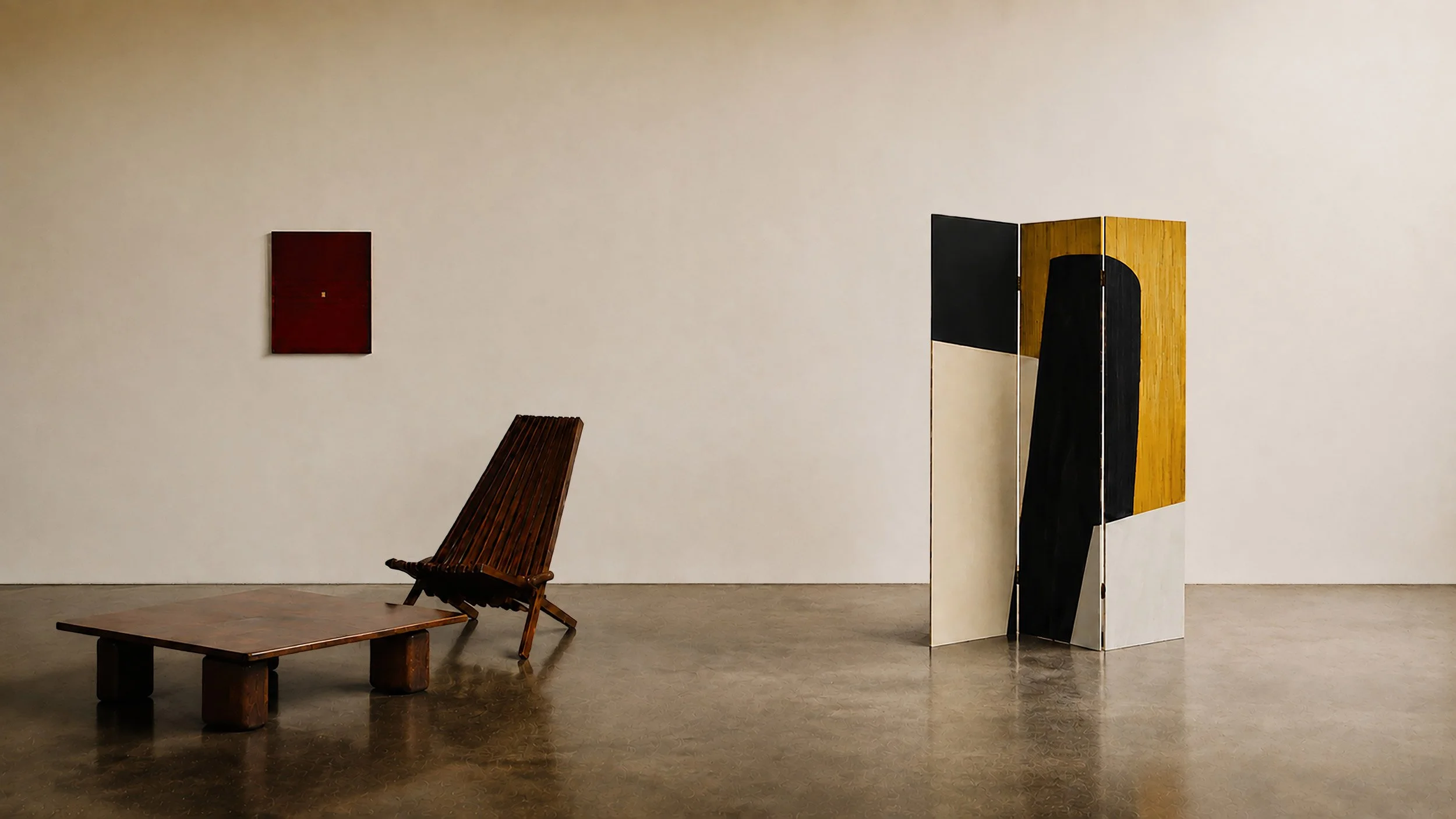 Eltham Screen by Eleanor Nadimi displayed in an interior with a wooden chair, low table and small abstract painting.