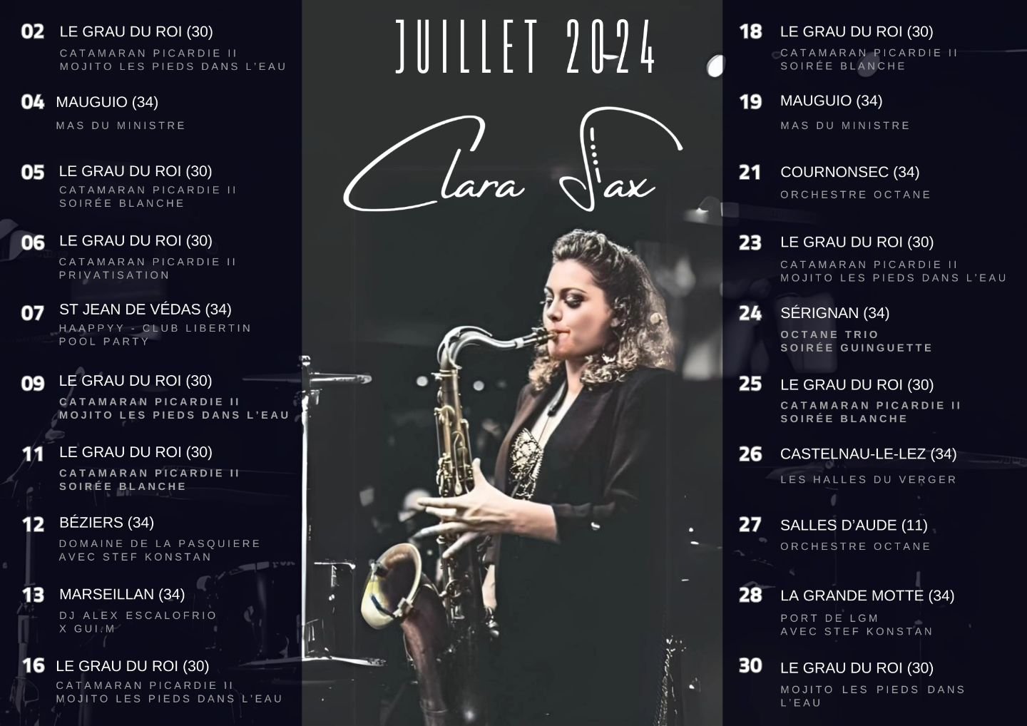 [Update Juillet 2024]
Mise &agrave; jour du calendrier de juillet. De nouvelles dates ont fait leur apparition, je vous laisse les d&eacute;couvrir. 😊✨🎷
Je vous vois o&ugrave; ?