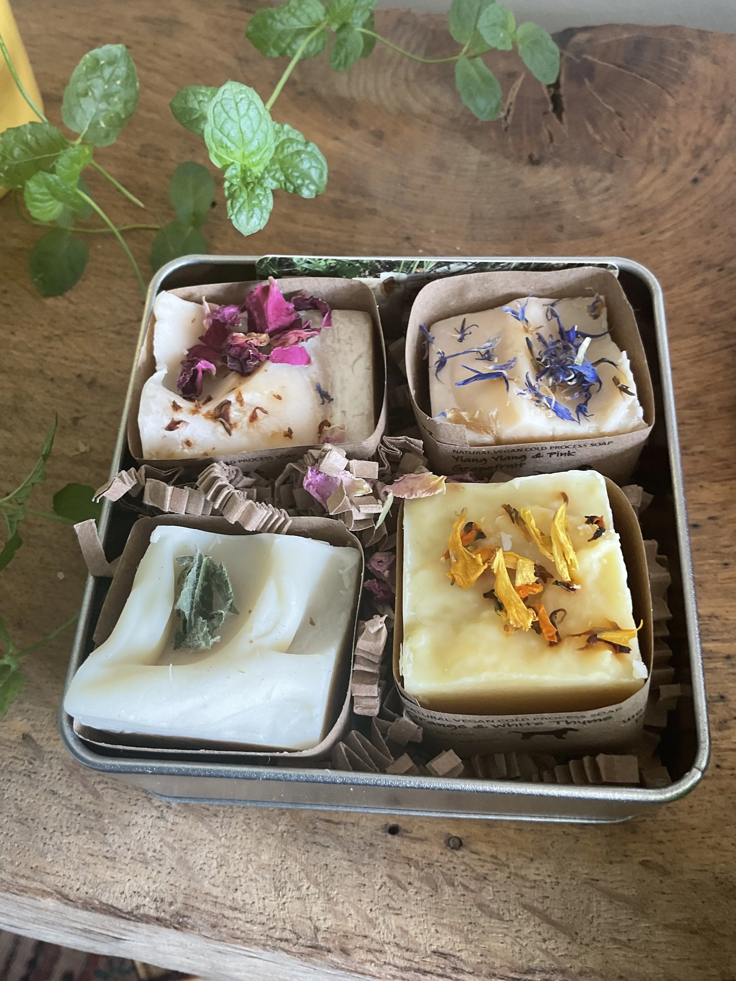 Tin of mini soaps, each tin contains four mini soaps. These are Rose Geranium & Patchouli, Lavender, Eucalyptus and Mint, Ylang Yang & Pink Grapefruit and Orange and White Thyme.