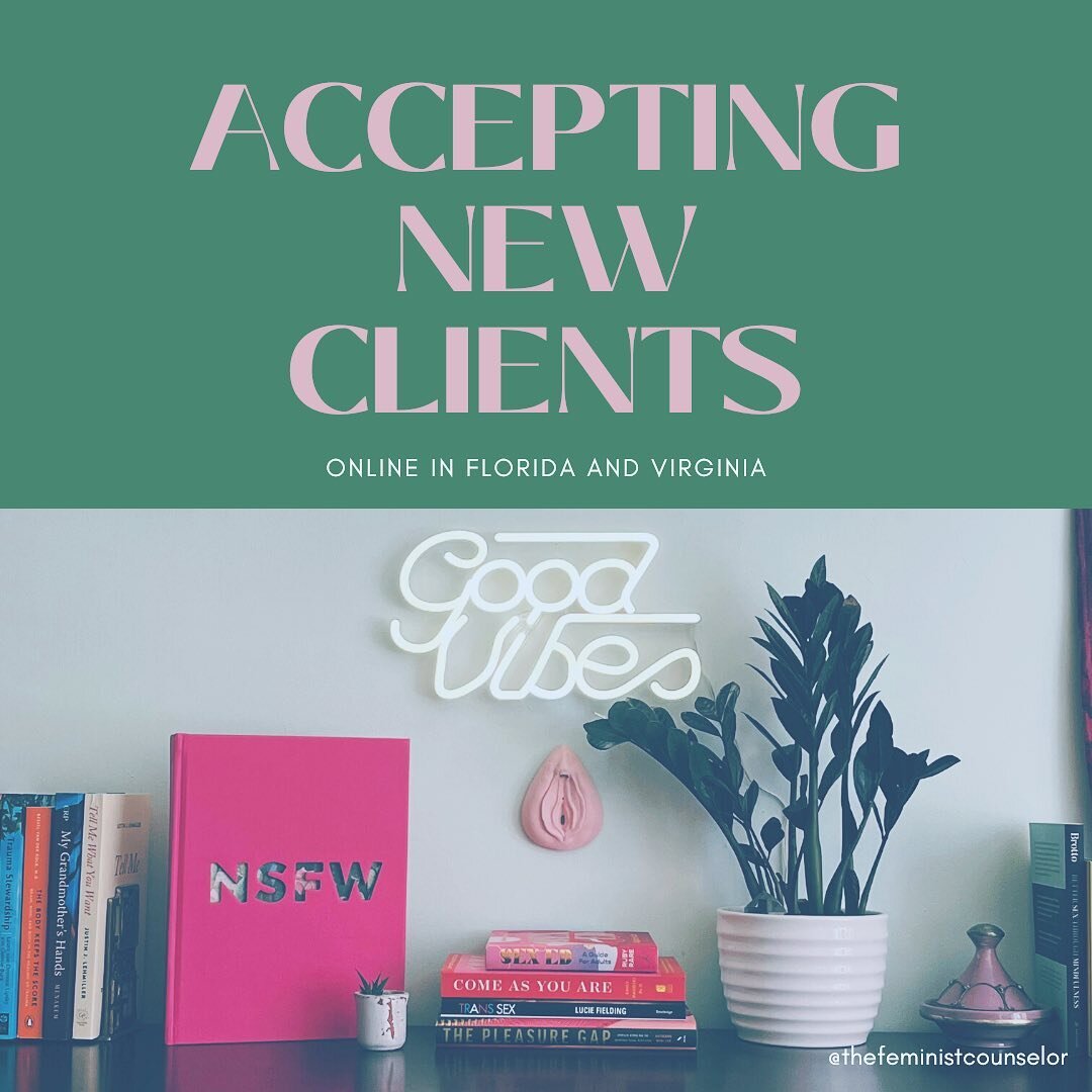 I am happy to announce that I am accepting new clients! It's been a big year/decade/2,000 years, y'all. I know that many folks are struggling with mental health and s3xual wellness. 

I'm grateful to finally be expanding my practice, and I have four 