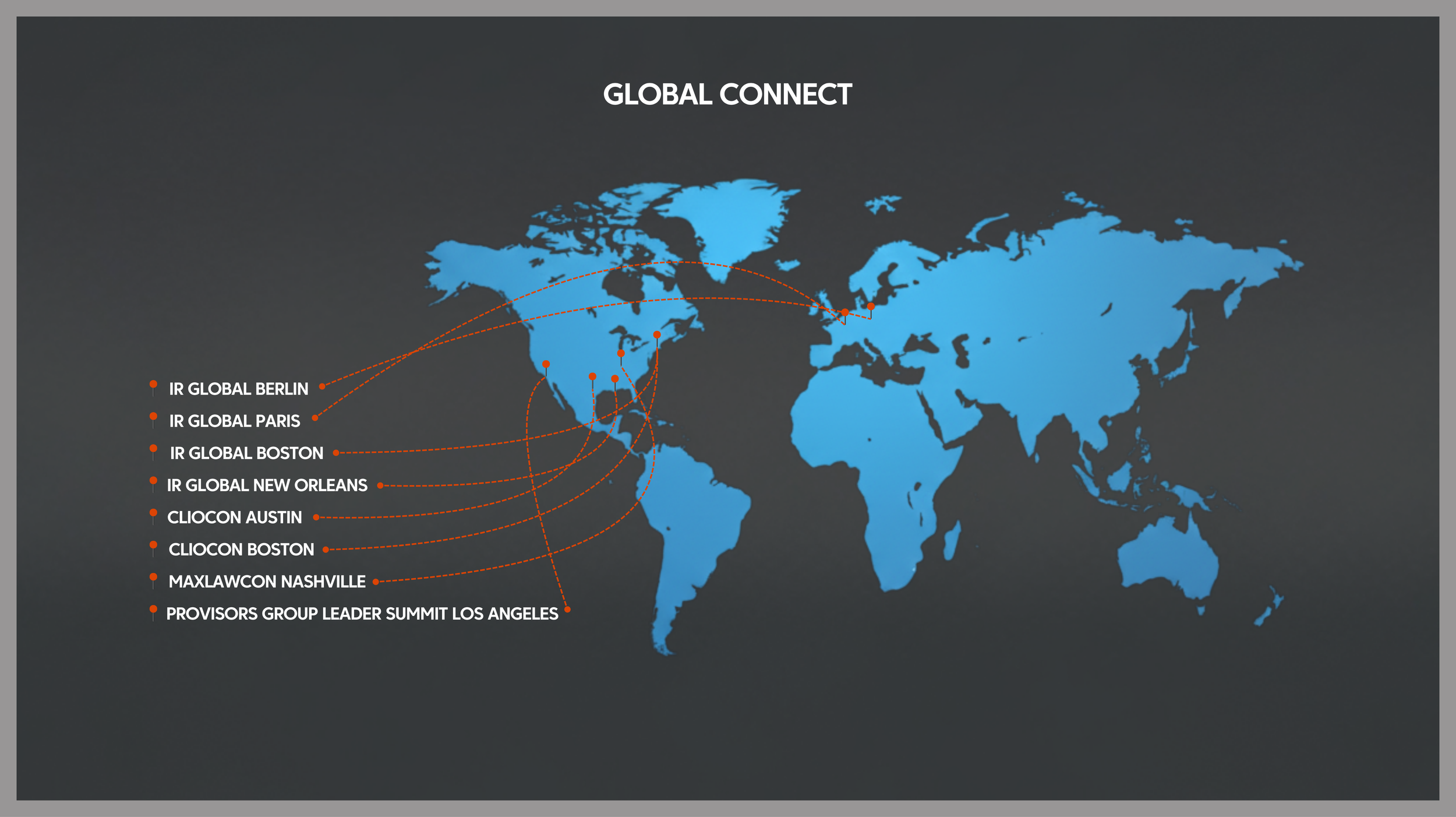 Global Connect infographic mapping John R. Kormanik's international speaking engagements and leadership presentations for law firm owners worldwide.