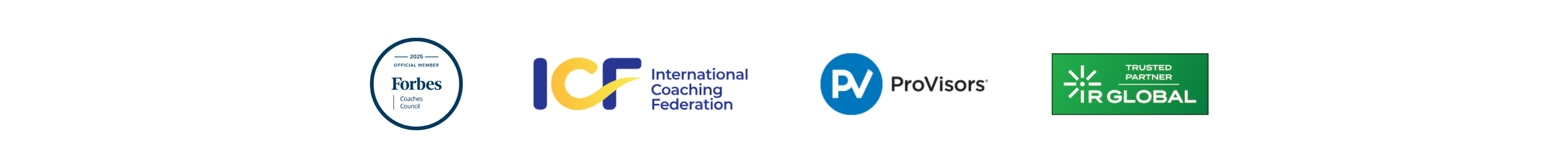 Professional logo cloud showcasing John R. Kormanik's speaking credentials, including Forbes Coaches Council, International Coaching Federation, ProVisors, and IR Global.