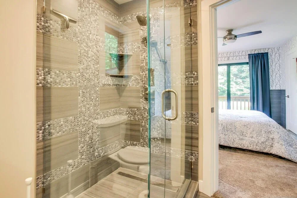 An updated bathroom with large walk-in shower.