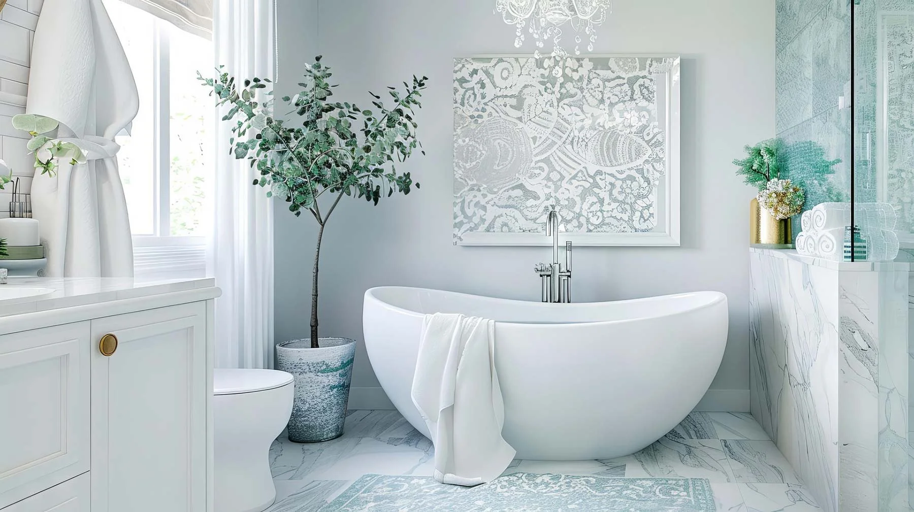 A luxurious bathroom with white fixtures, a standalone tub, and a walk-in shower.