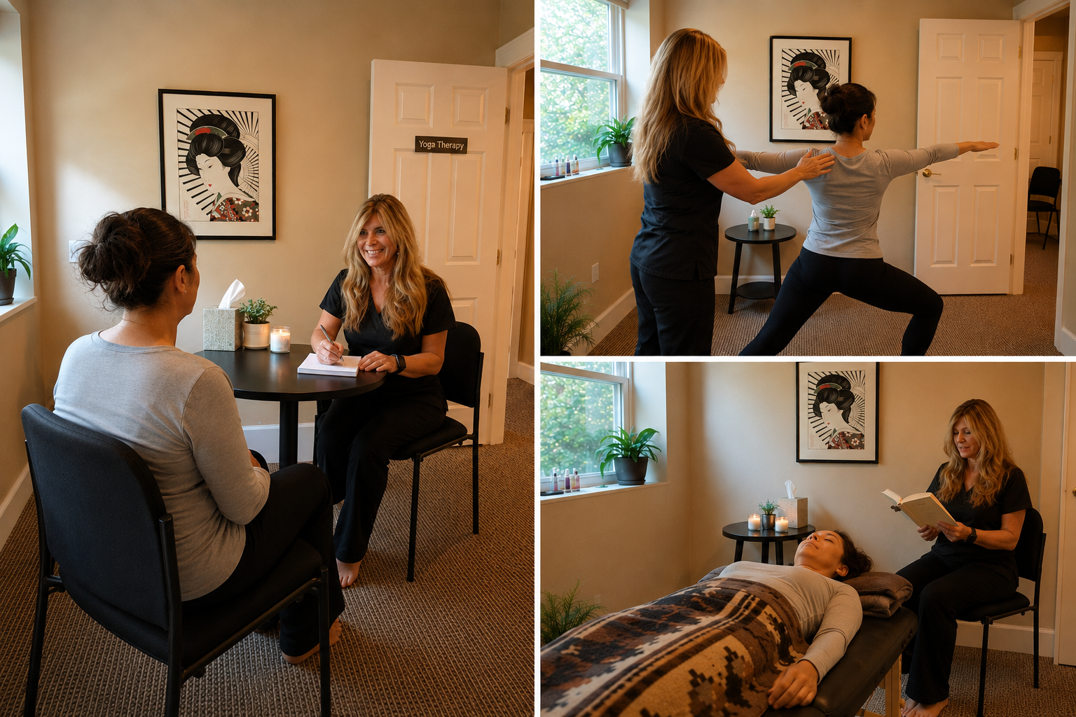 Images showing a therapy session with a practitioner and a patient engaging in different activities: an initial consultation, a stretching exercise, and a relaxation session with reading and candles in a cozy room with Asian art on the wall and plants by the windows.