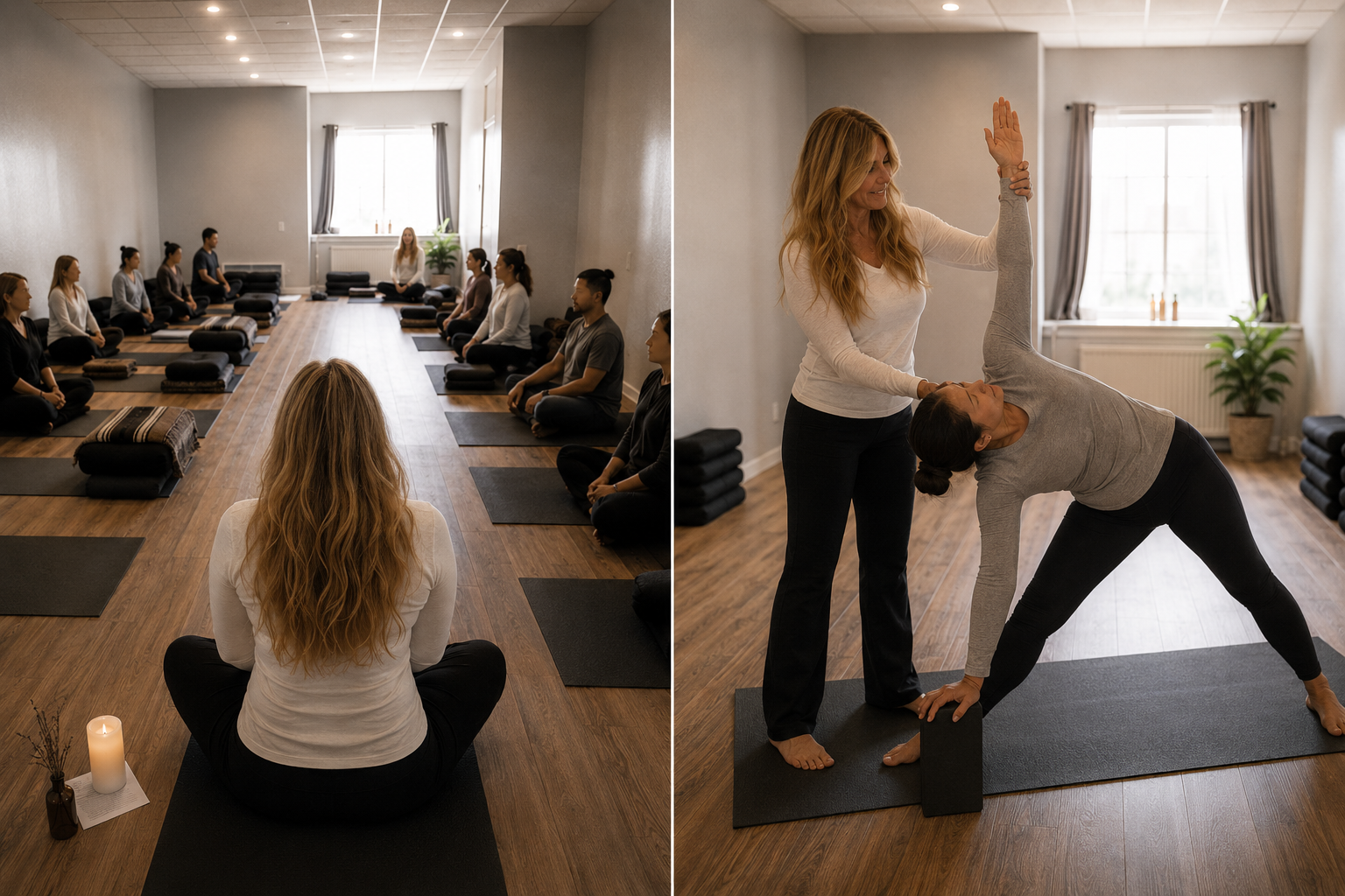 A yoga class with participants seated on yoga mats in a meditation pose in a studio, and a woman assisting a student with a stretching pose on a yoga mat.