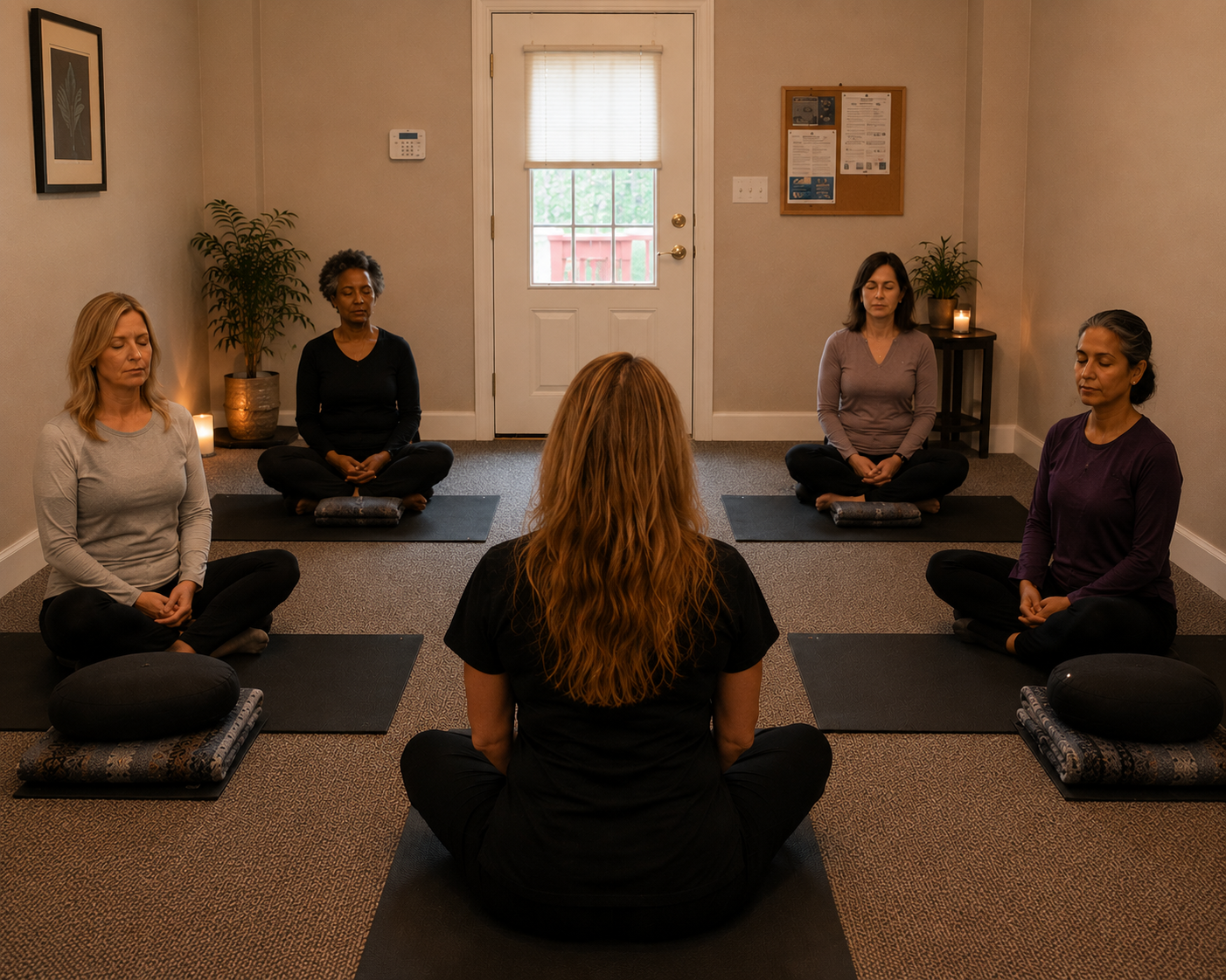 Five women participating in a group meditation session in a small room, seated cross-legged on yoga mats with pillows, eyes closed, with her back to the camera.