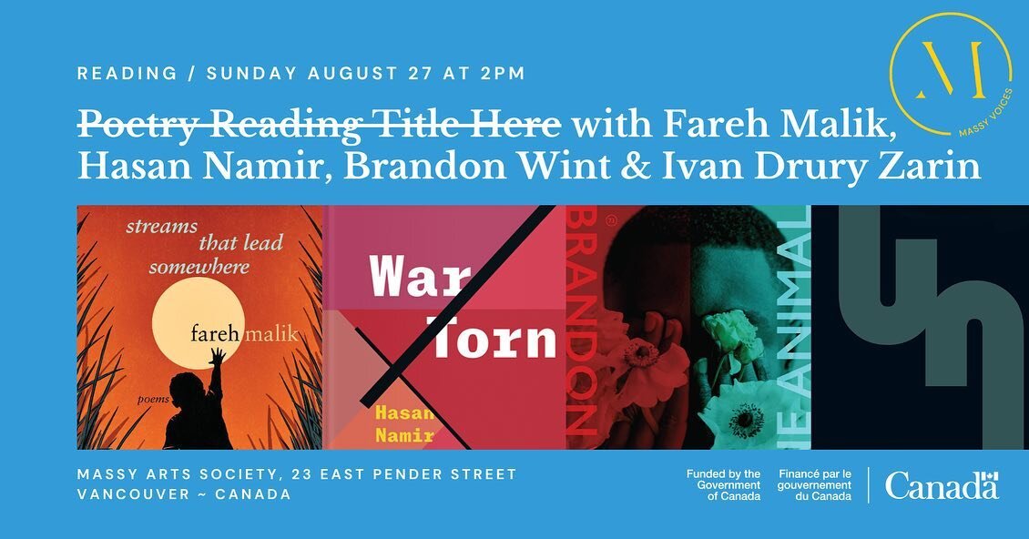 VANCOUVER!! 📣 I am doing a reading with @massyartssociety on AUGUST 27 🫶🏽 come out and see me, @brandonwintpoet @hasan.namir and more. It&rsquo;s gonna be a great night of literature so definitely come out. Also come see me since I&rsquo;m not her