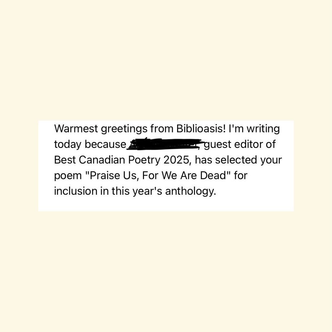 It&rsquo;s an honour to be selected for Best Canadian Poetry 2025 🫶🏽 it still baffles and warms me that my work is being celebrated and loved like it has been. It means the world to me that these thoughts and feelings are being cared for not just b