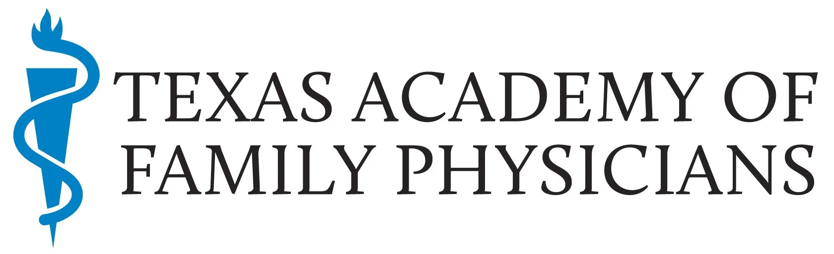 Texas Academy of Family Physicians logo with a blue caduceus symbol on the left and black text on the right.