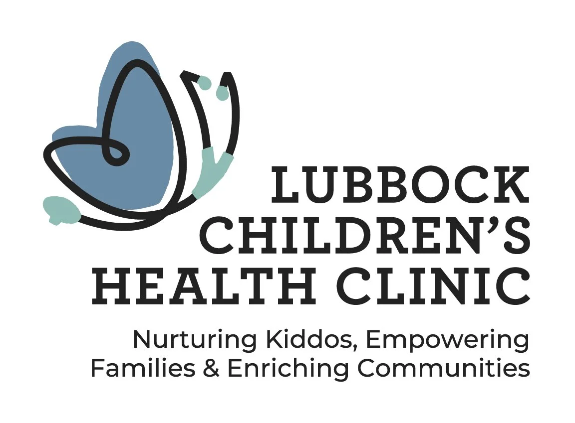 Logo for Lubbock Children's Health Clinic with a stylized blue butterfly