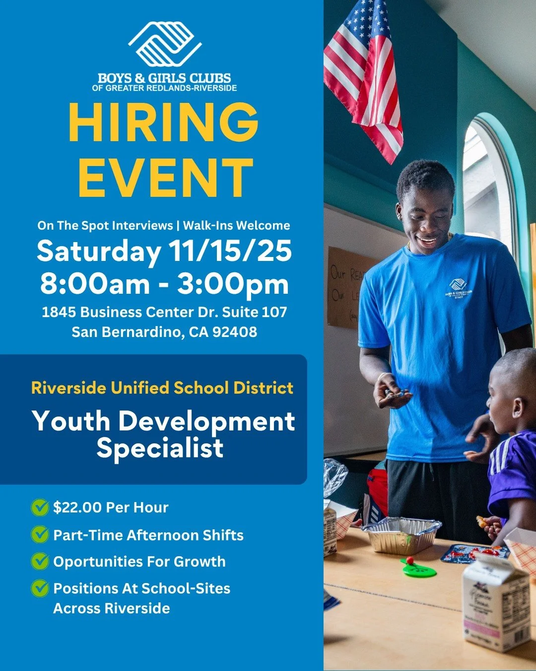 💼 We&rsquo;re Hiring! Join Our Team of Difference-Makers 💙

The Boys &amp; Girls Clubs of Greater Redlands-Riverside is hosting a Hiring Event for Youth Development Specialists &mdash; passionate individuals who want to make a lasting impact on you
