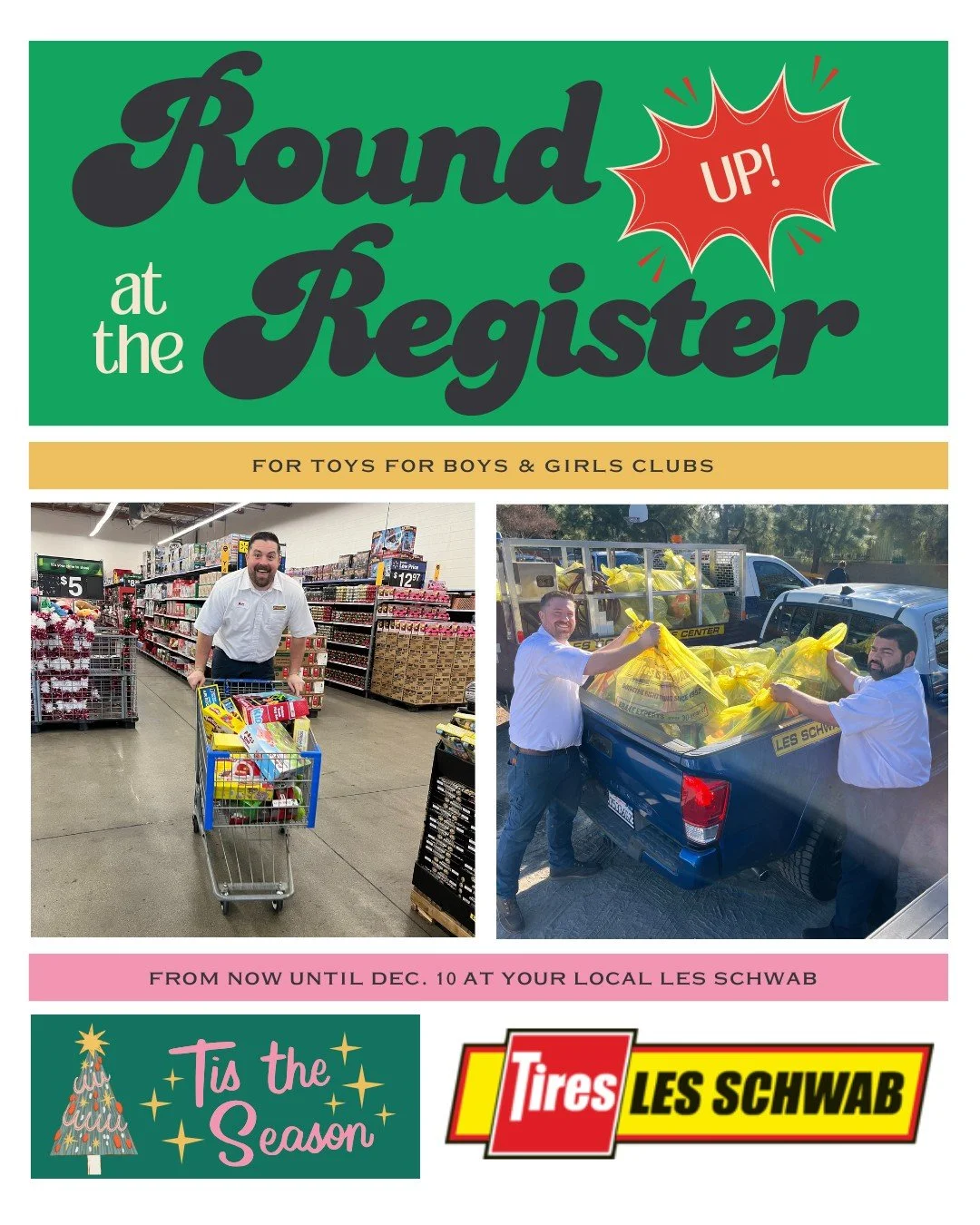🎁✨ Spread Holiday Cheer With a Simple Round-Up! ✨🎁

This season, you can make a big difference for Boys &amp; Girls Clubs kids with just a few extra cents. When you round up at the register at your local @LesSchwabTires, you&rsquo;ll help provide C