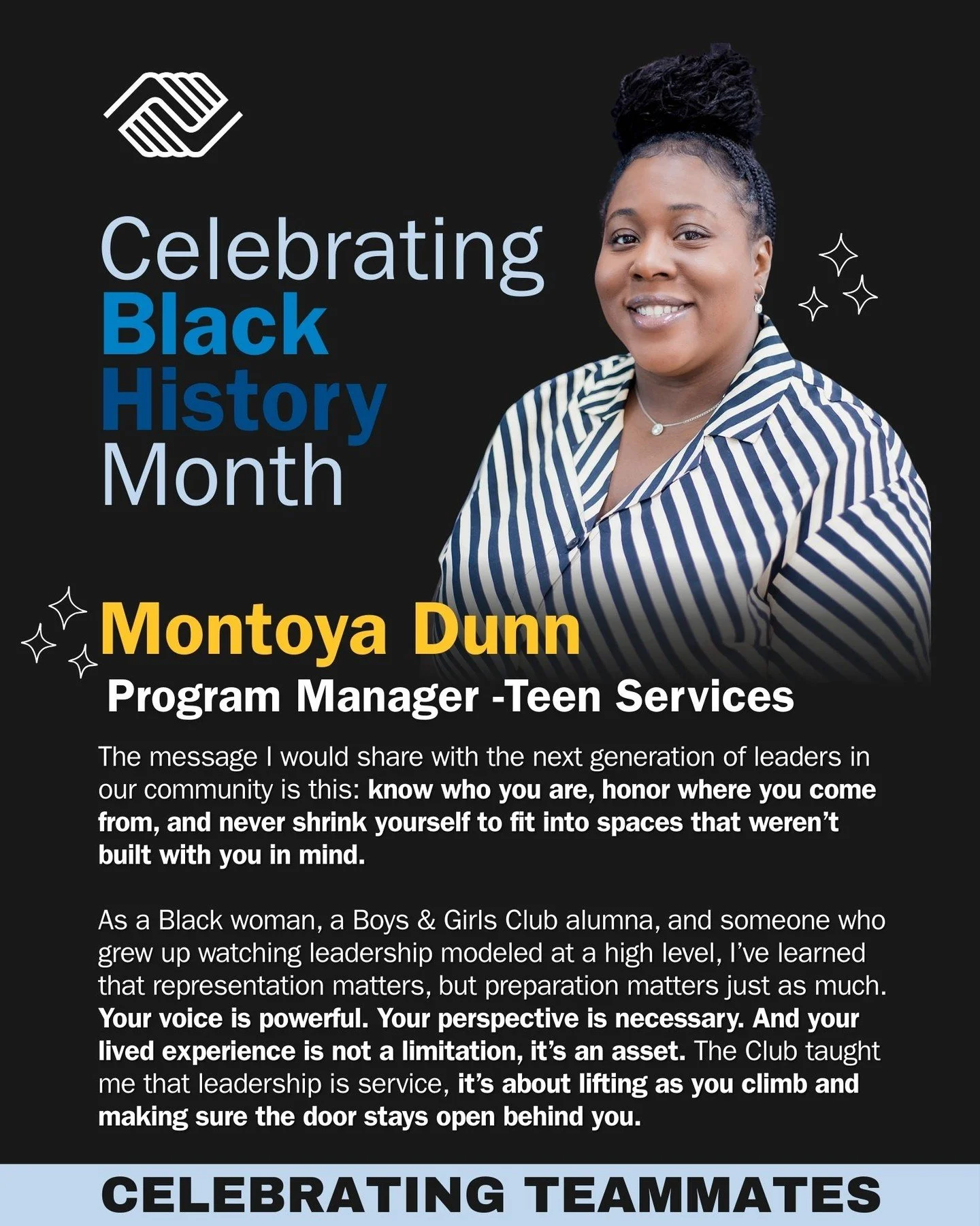 ✨ Celebrating Black History Month: Teammate Spotlight ✨

Today we&rsquo;re proud to highlight Montoya Dunn, Program Manager &ndash; Teen Services, whose leadership, authenticity, and commitment to our teens make a lasting impact every day.

As a Blac