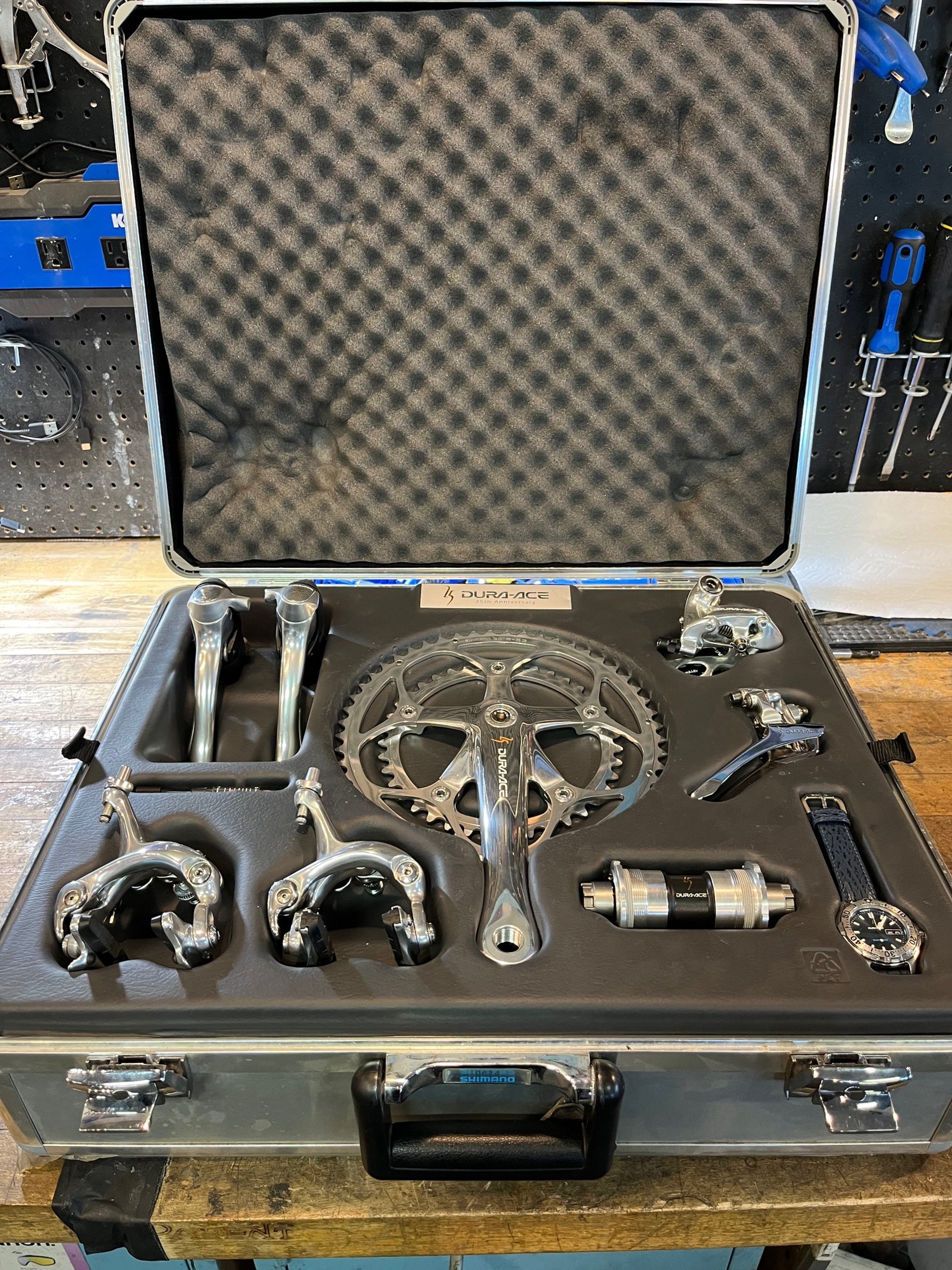 Photo of the New Old Stock 25th Anniversary Shimano Dura Ace Groupset for sale.