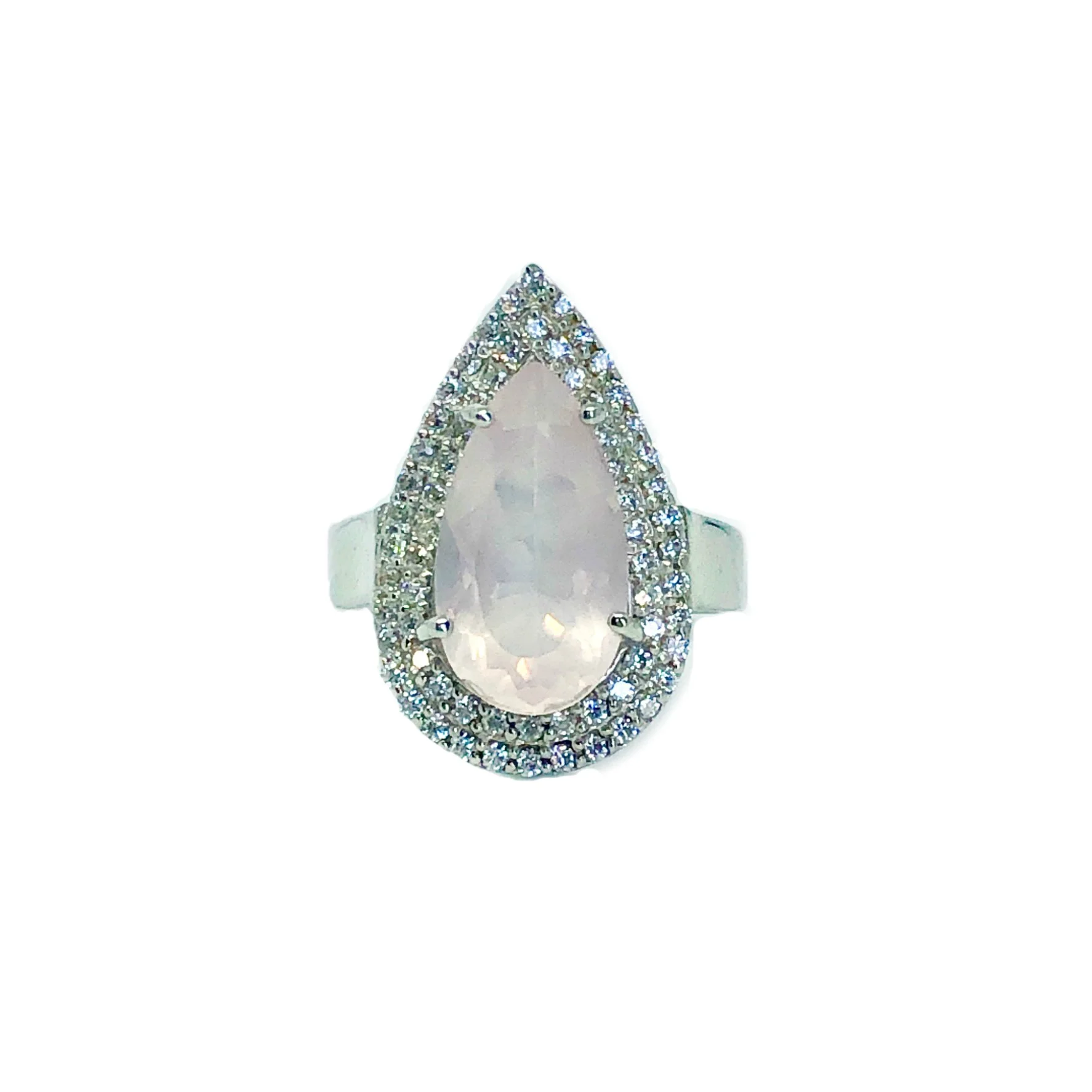 Double Halo Pear Ring- Rose Quartz