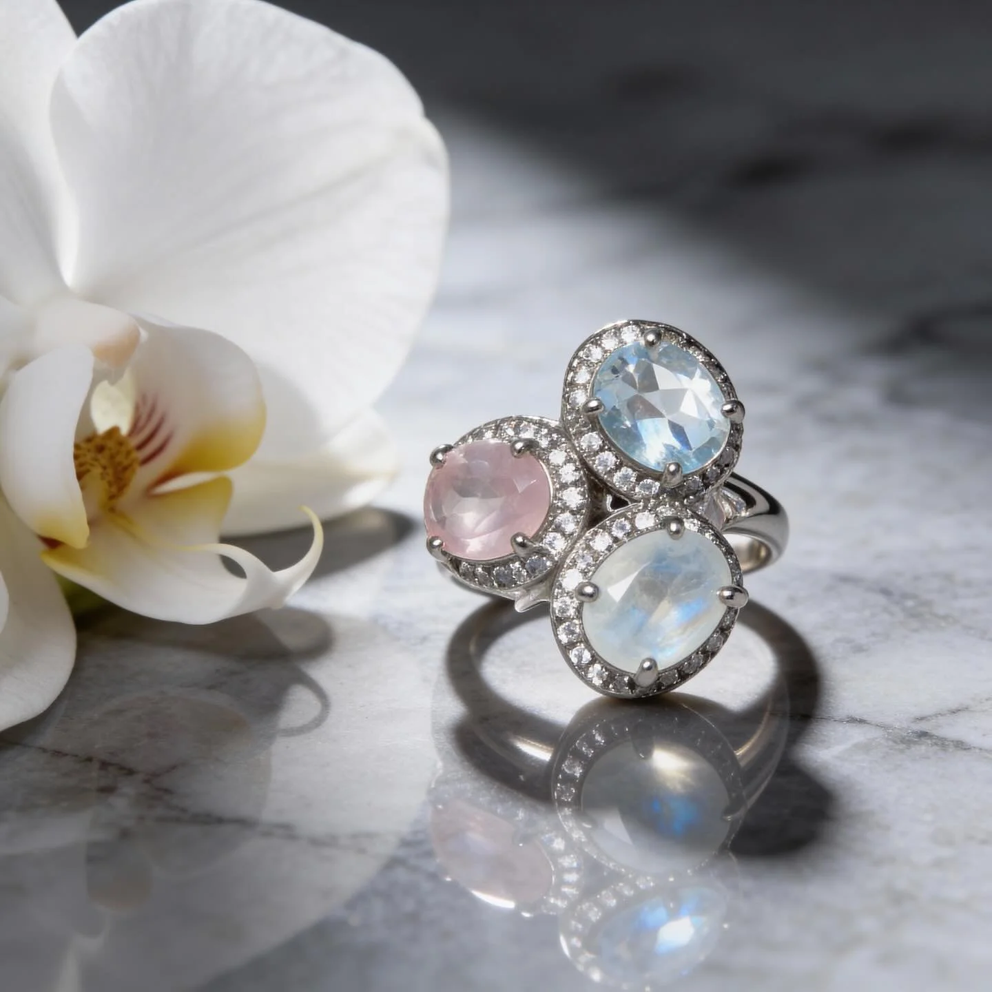 Back by popular demand ✨
The Three Stone Ring
&bull; Rose Quartz
&bull; Moonstone
&bull; Crystal Quartz
&bull; CZ halo
&bull; Sterling silver, rhodium plated
She&rsquo;s pretty. She&rsquo;s pink. She&rsquo;s back. Link in bio.  #ShimmerByCindy #Prett