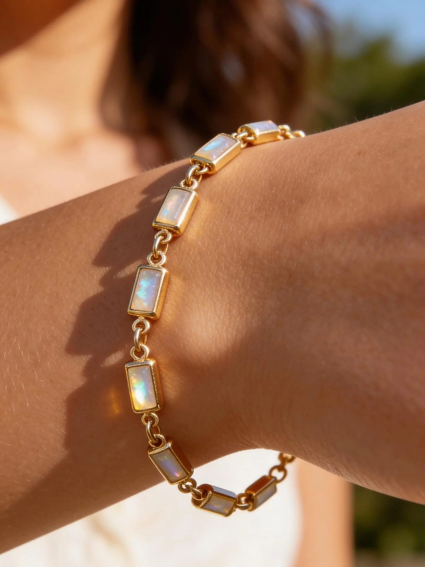 Opal Baguette Bracelet ✨
From the Kaleidoscope Collection

Iridescent opal baguettes catch the light with every movement, shifting softly between luminous hues and subtle shimmer. The clean, elongated silhouette gives this bracelet a refined, modern 