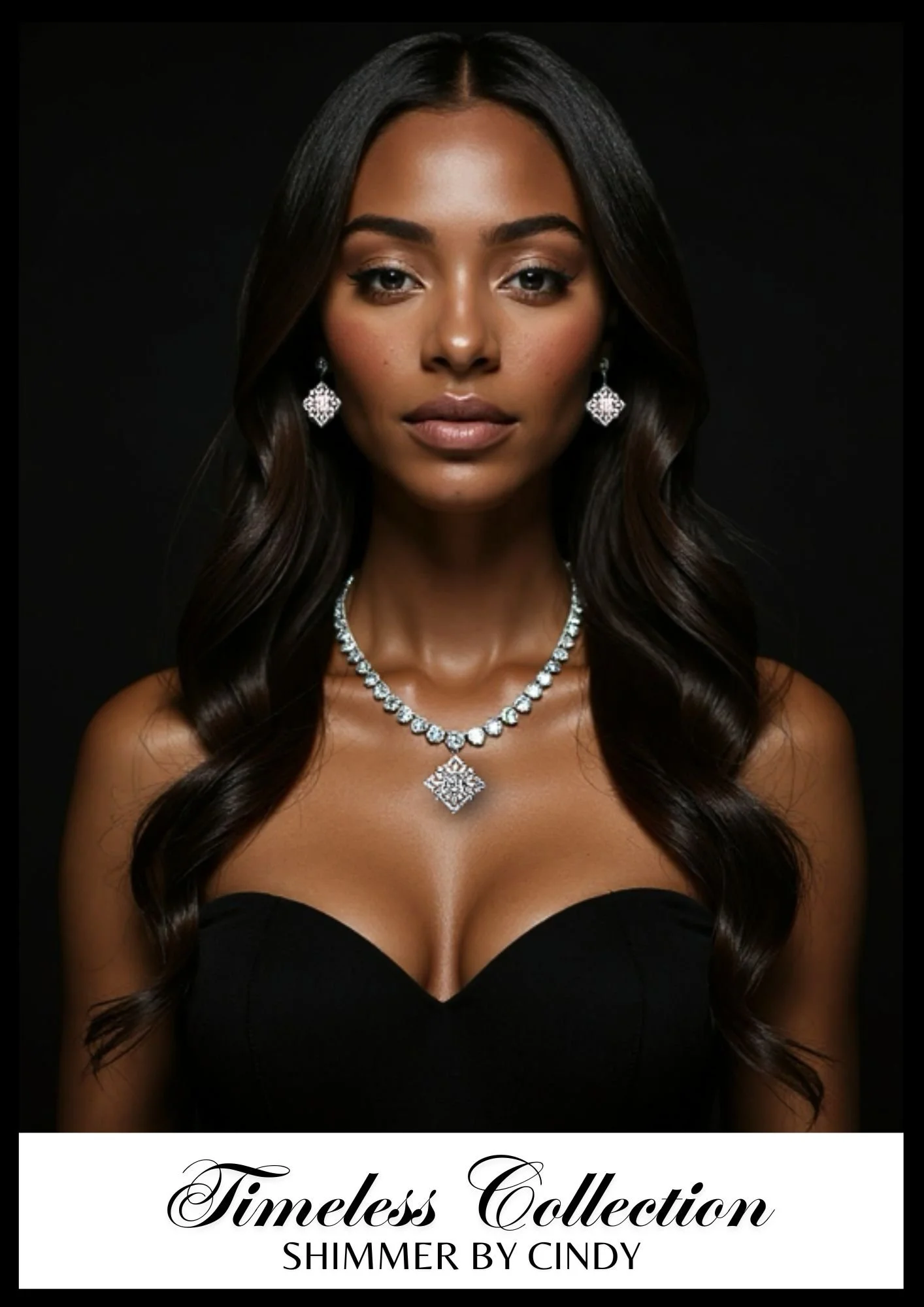 Woman modeling jewelry from 2022 Timeless Collection Lookbook by Shimmer by Cindy, with floral background.