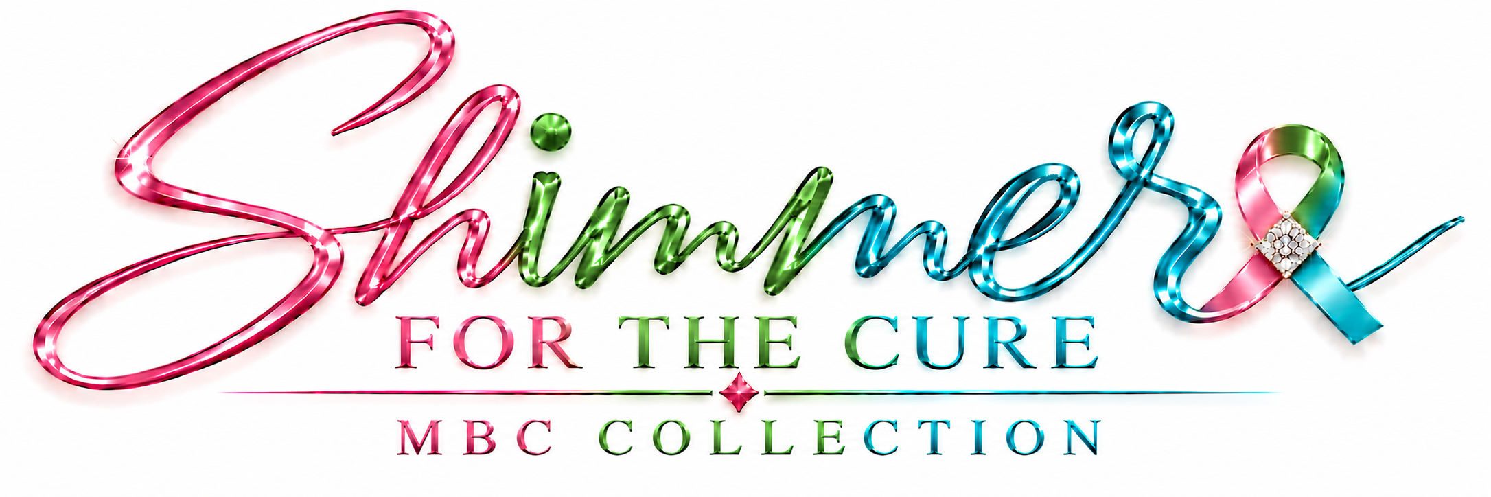 Colorful neon-style text that says 'Shine for the Cure' with a pink ribbon and a pearl cluster at the end of the ribbon, indicating support for breast cancer awareness.