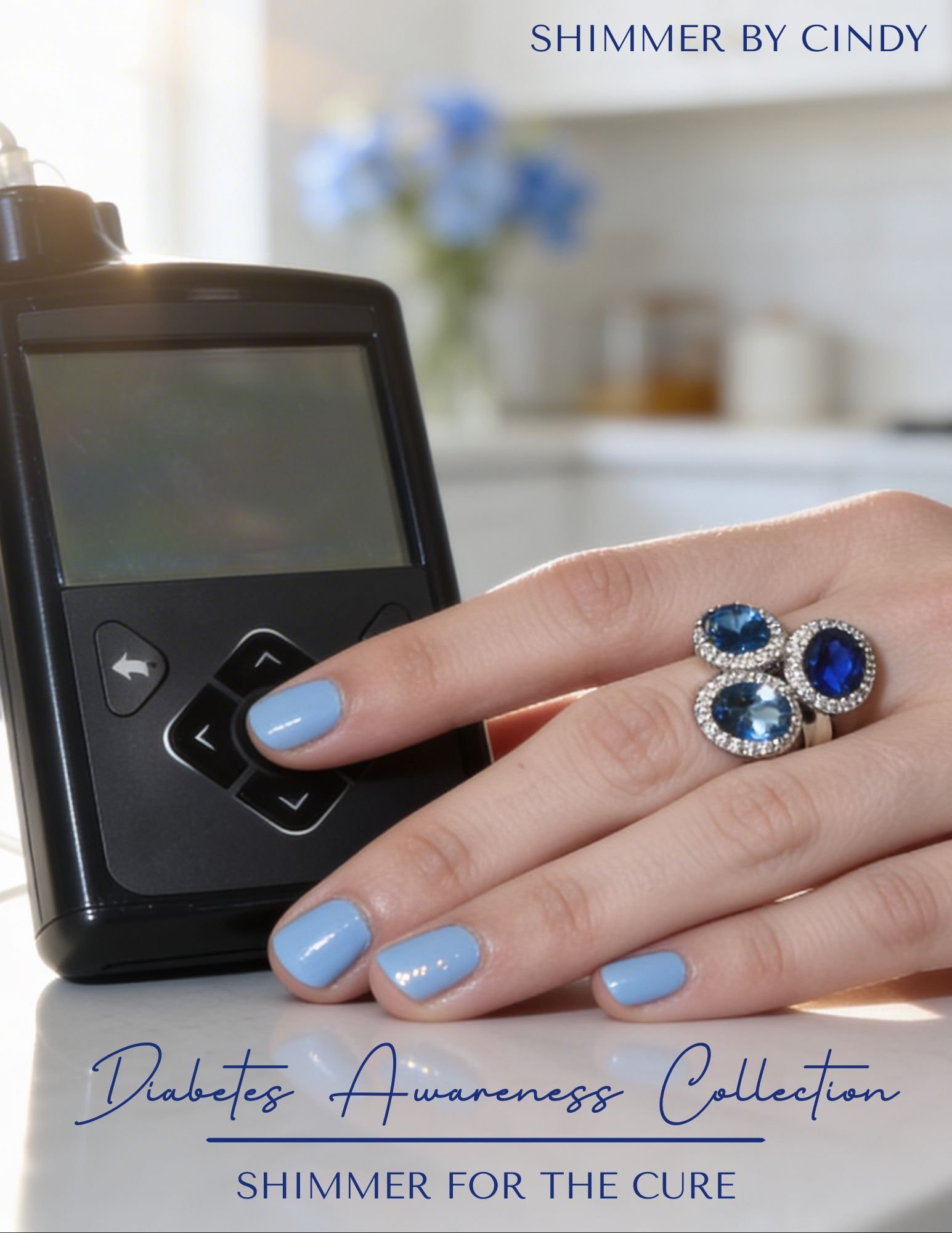 Close-up of three rings with blue gemstones worn by a person with blurred city lights in the background, featuring text 'Skyline Royale Collection Shimmer by Cindy.'