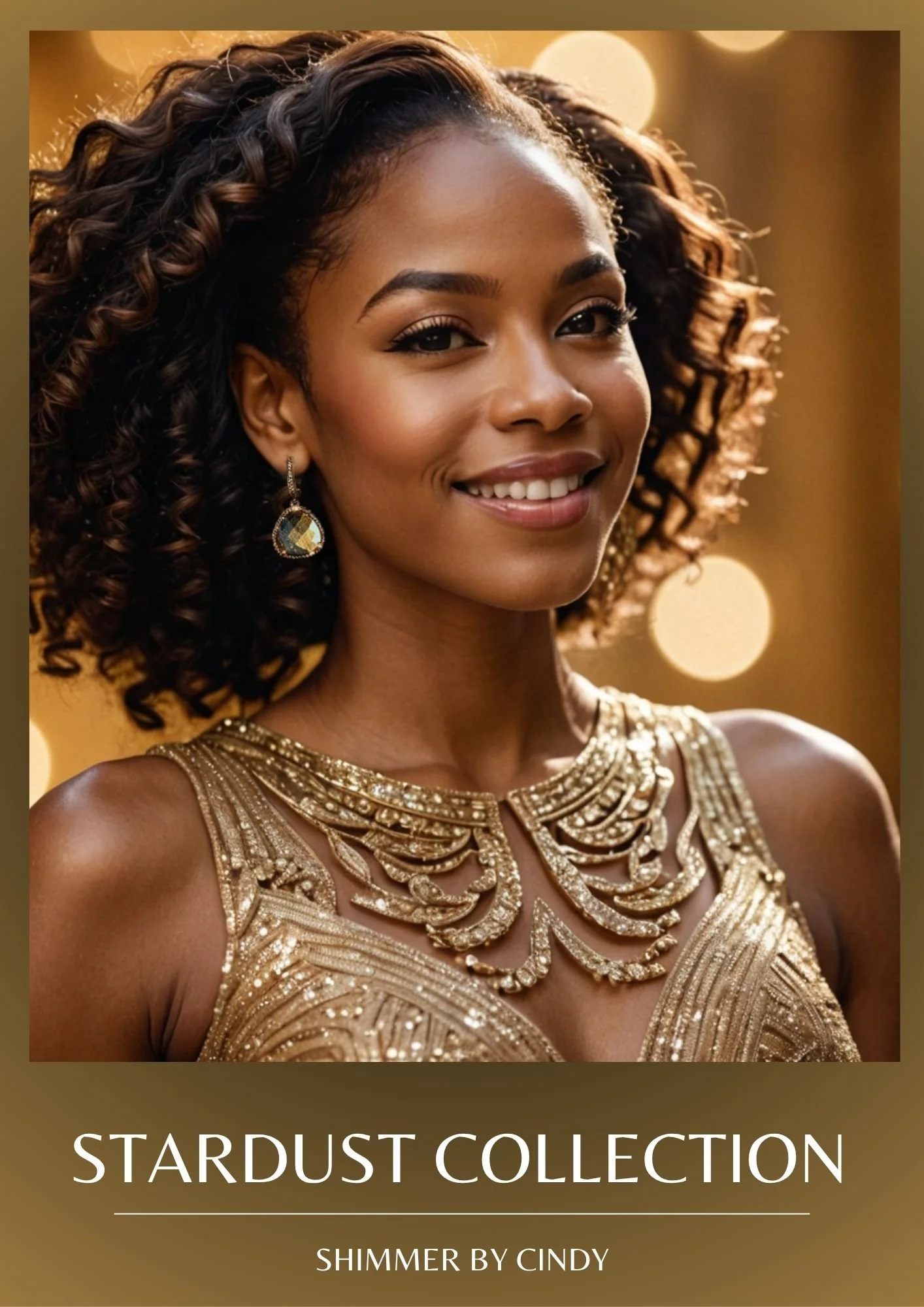 Woman with curly hair wearing jewelry from Shimmer by Cindy's Stardust Collection, including earrings, a bracelet, and a ring.