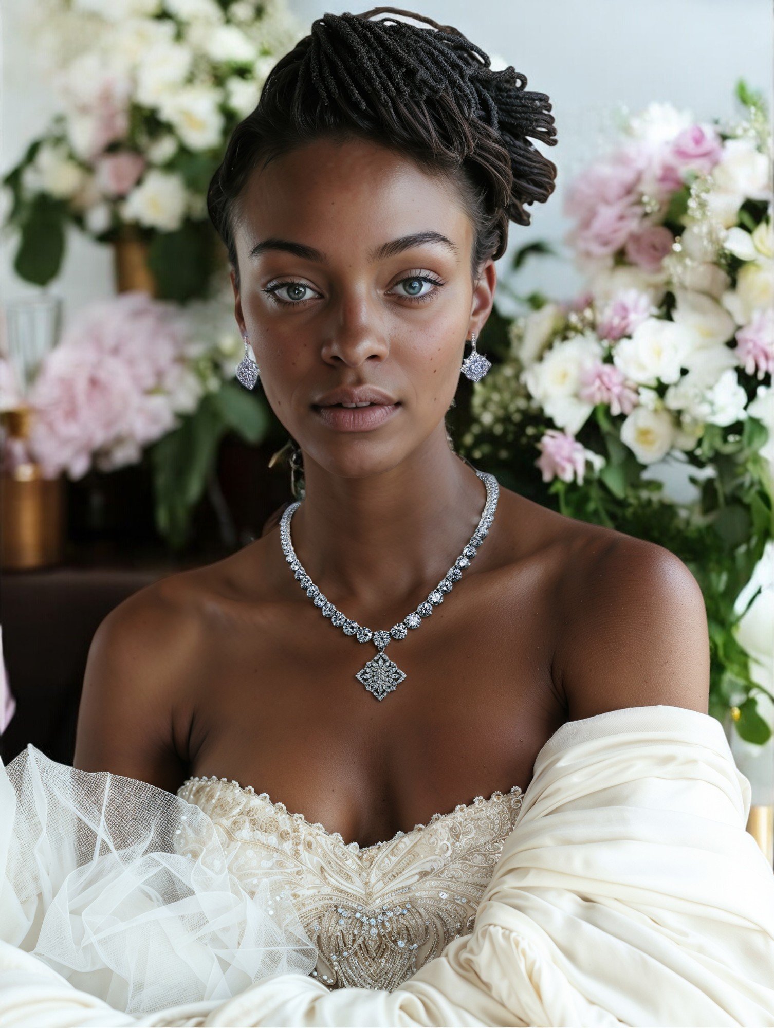 Woman in elegant wedding dress with jewelry, surrounded by flowers.
