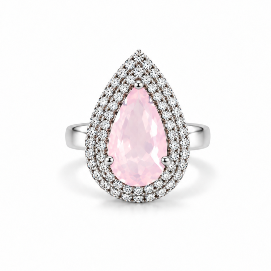 Double Halo Pear Ring- Rose Quartz
