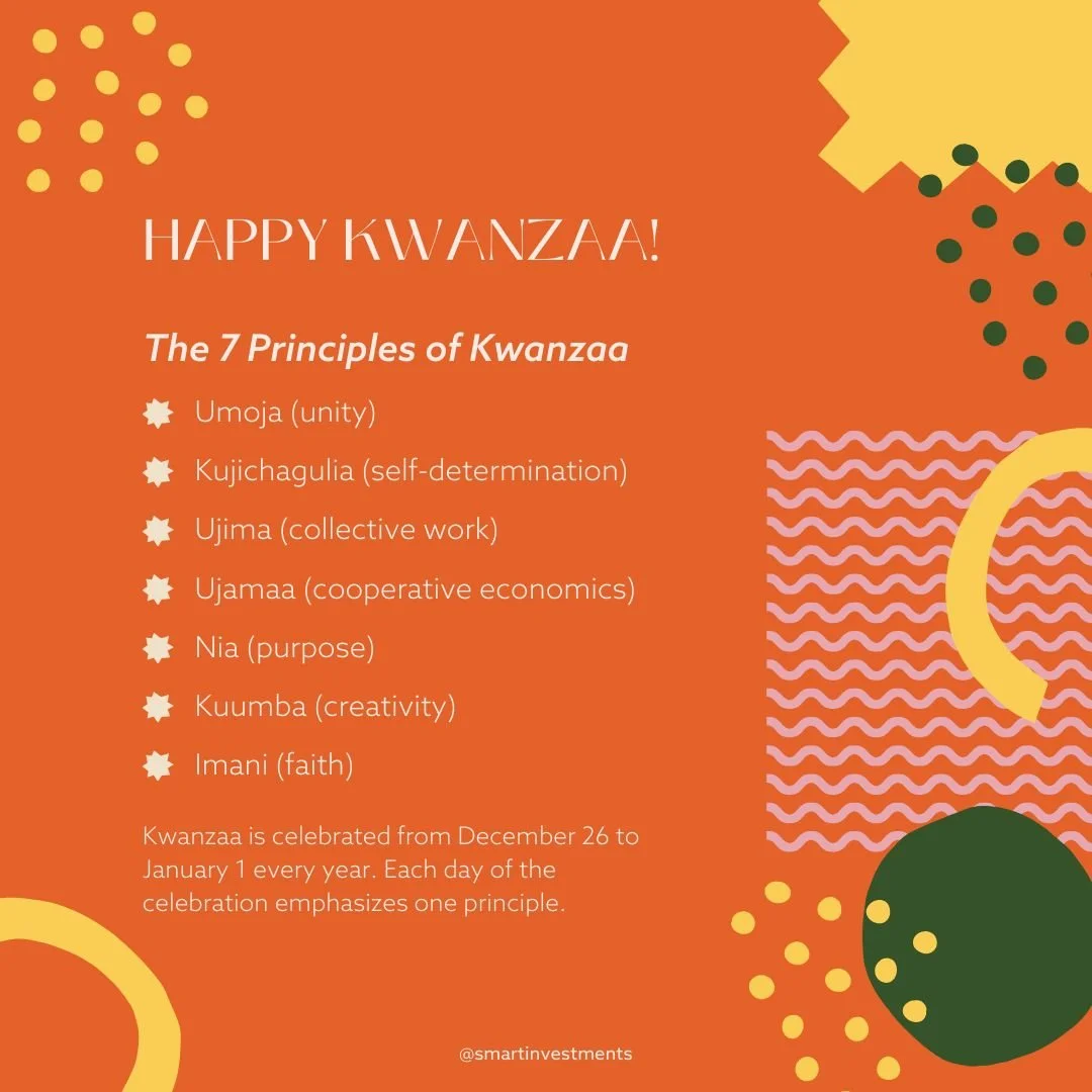 Happy Kwanzaa to all those celebrating!

ID: Yellow, green, and light pink graphics border the outside of a cheerful orange background. Pale text reads: "HAPPY KWANZAA! The 7 Principles of Kwanzaa / Umoja (unity) / Kujichagulia (self-determinati