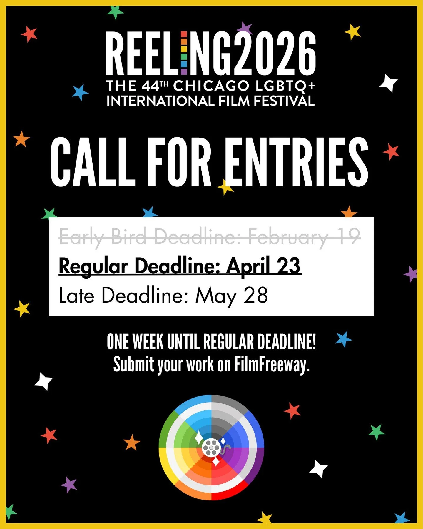 The regular submission deadline for Reeling 2026 is one week away! 🌈🎞️⁠
⁠
We're looking for this year's best queer cinema. Don't be shy, send us your films today!⁠
⁠
Regular Deadline: April 23⁠
Late Deadline: May 28⁠
⁠
Click the link in our bio to 