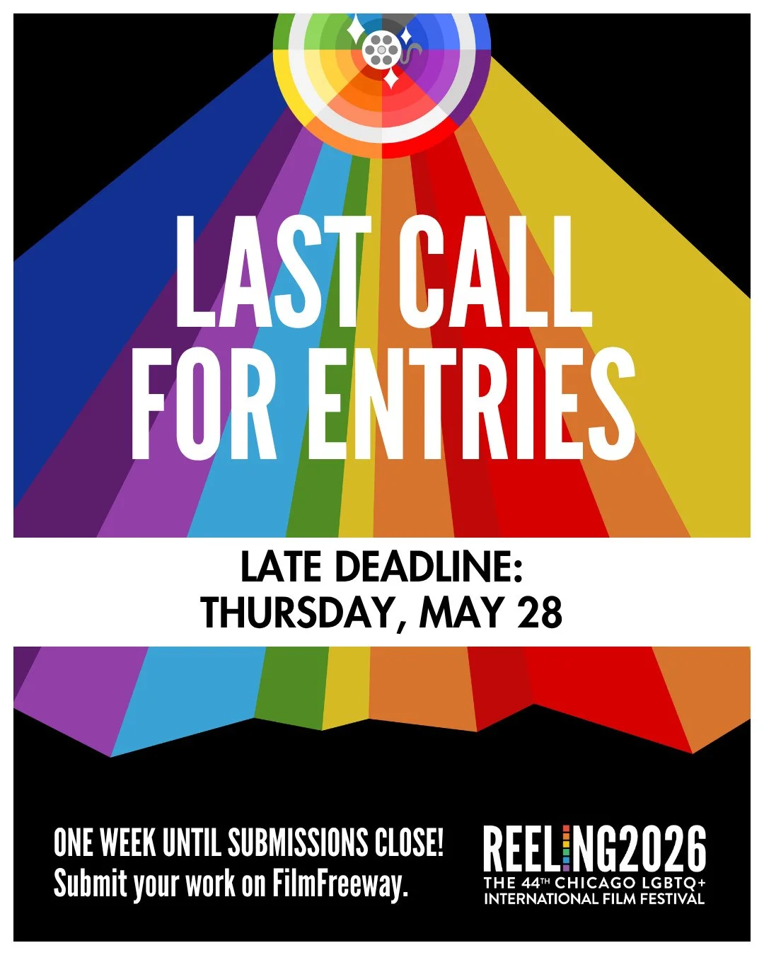 There's just ONE WEEK LEFT to submit your film for consideration for Reeling 2026! 🌈🎞️ ⁠
⁠
Don't miss this chance to be featured in this year's festival, send us your work by our FINAL deadline next Thursday, May 28. Click the link in our bio to su